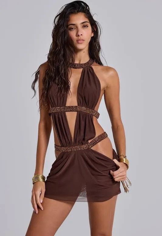 jaded london mini dress with open neck Jaded London Beaded Cutout Mini Dress by Jaded London