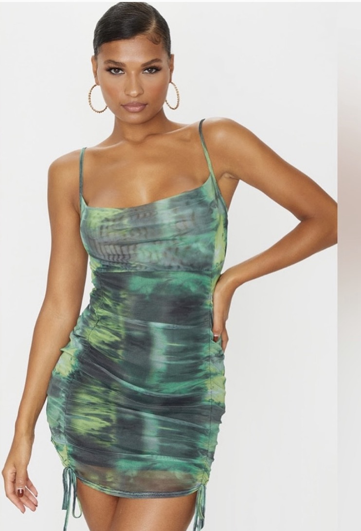 Green Tie Dye Ruched Mini Dress by Pretty Little Thing - Pickle Green Tie Dye Ruched Mini Dress by Pretty Little Thing - Pickle
