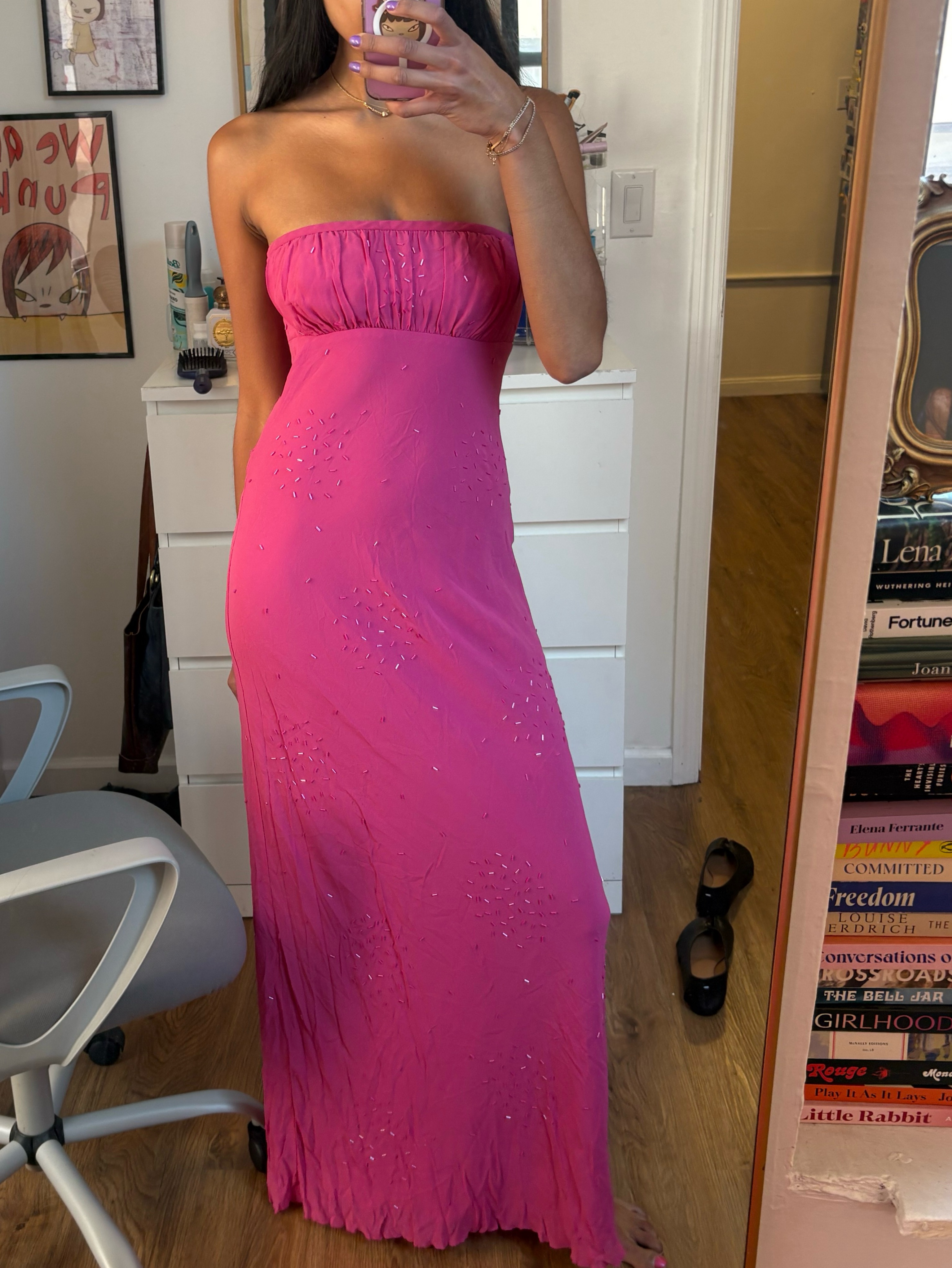 vintage pink beaded dress Vintage Pink Beaded Prom Dress Sheath Evening Dress Straps Party Dress DSProm