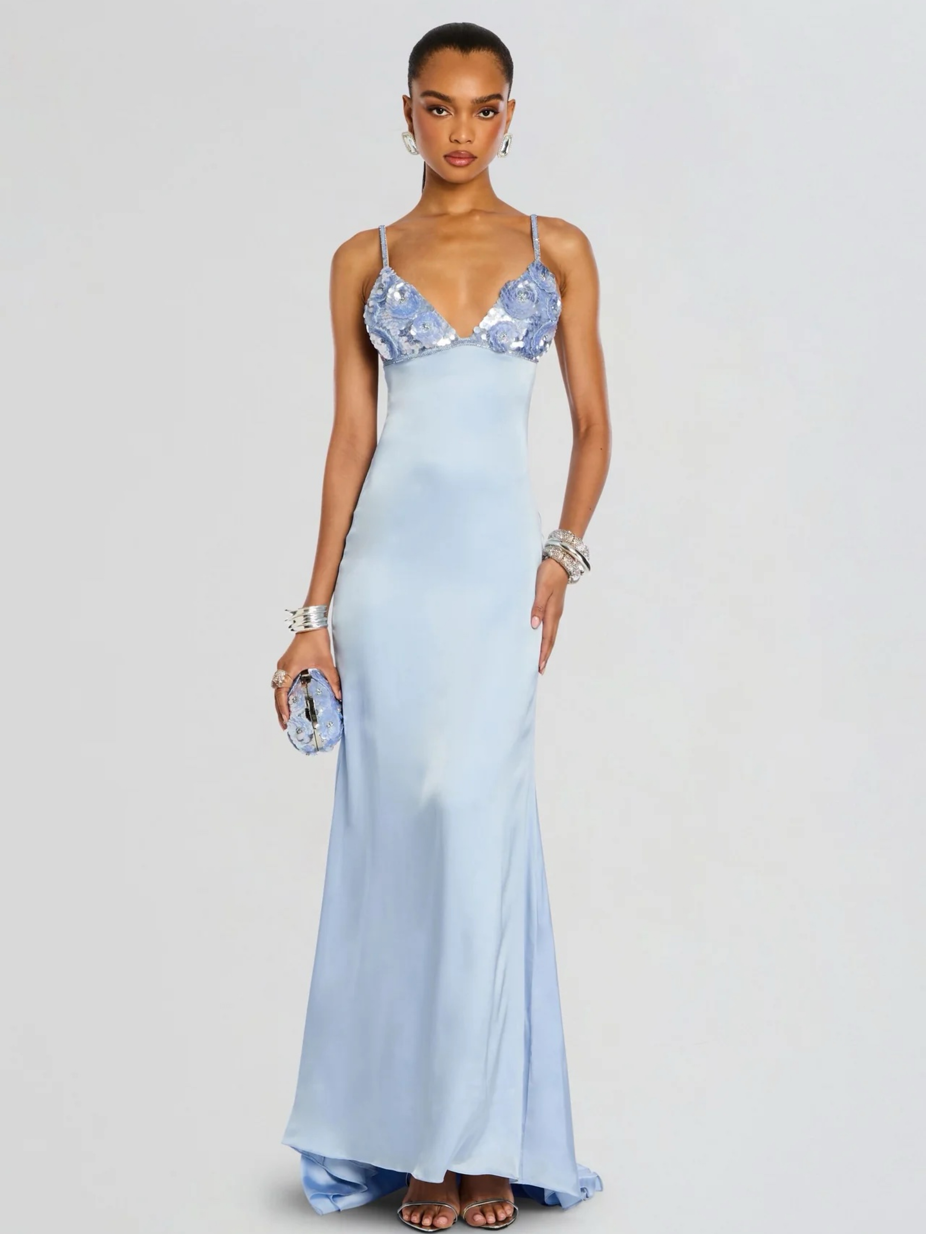Retrofête Oline Ice Blue Embroidered Sequin Bust Formal Gown