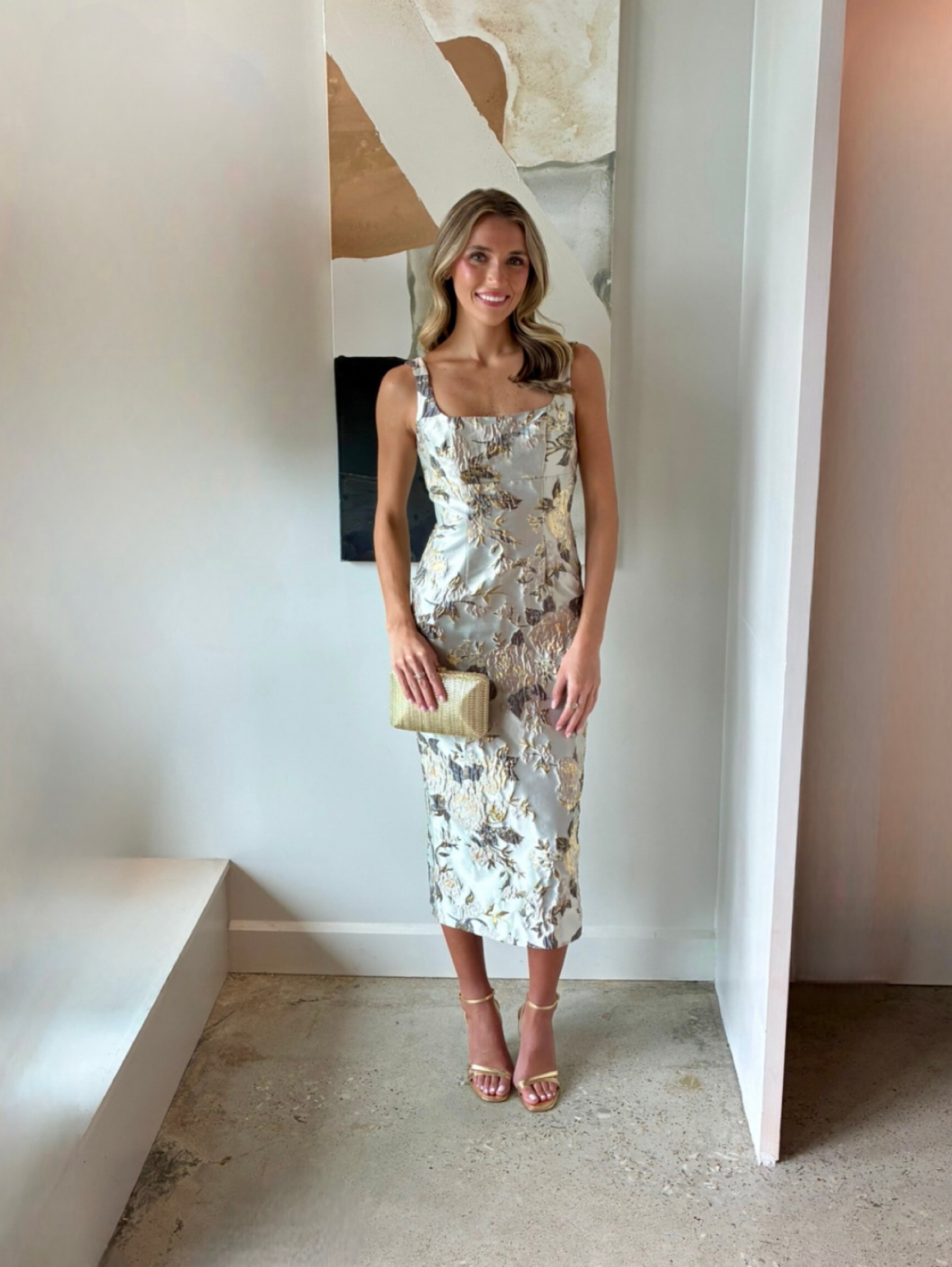 gold and silver brocade dress Mac Duggal Platinum Floral Fall Wedding Midi by Mac Duggal patterns brocade fabric dress