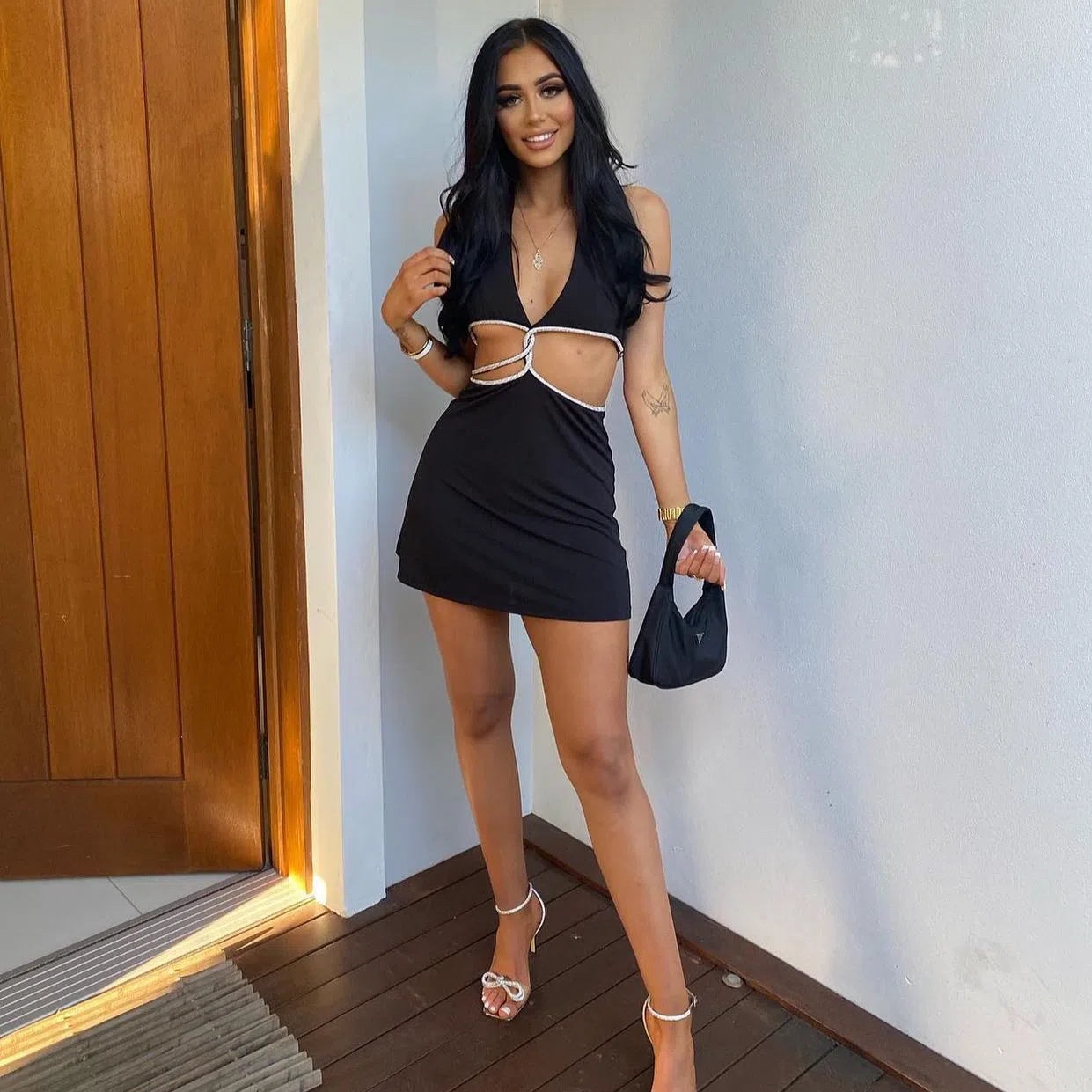 MESHKI Nicha Black Cut-Out Halter Mini Dress