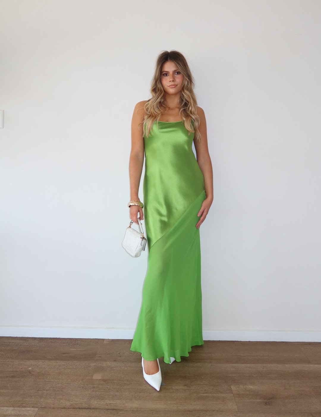 Rat & Boa Ruba Slip Dress – Lime Green Satin Maxi Wedding Guest Dress
