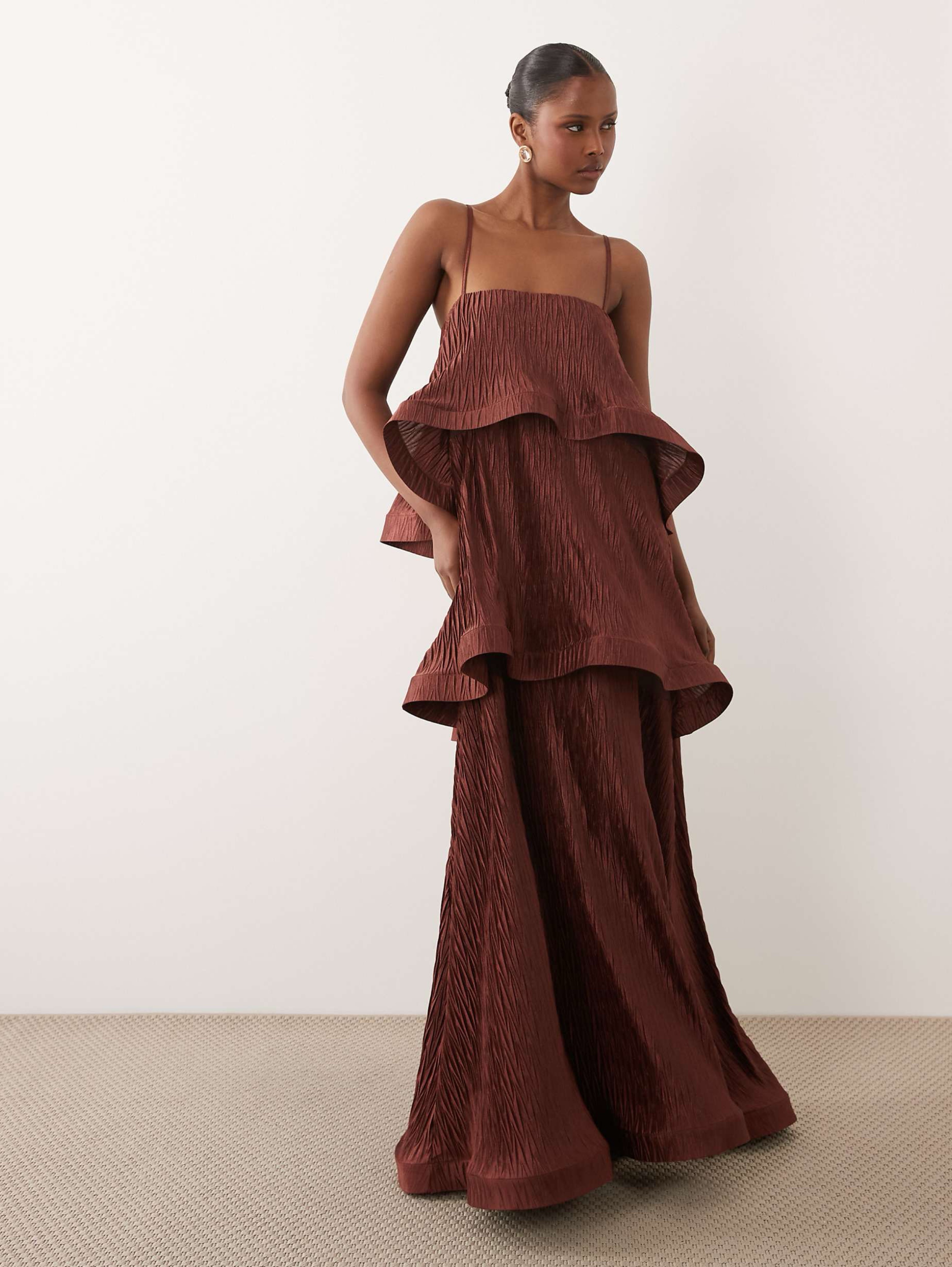 ASOS DESIGN Chocolate Brown Zigzag Plissé Tiered Ruffle Maxi Dress by Asos Design