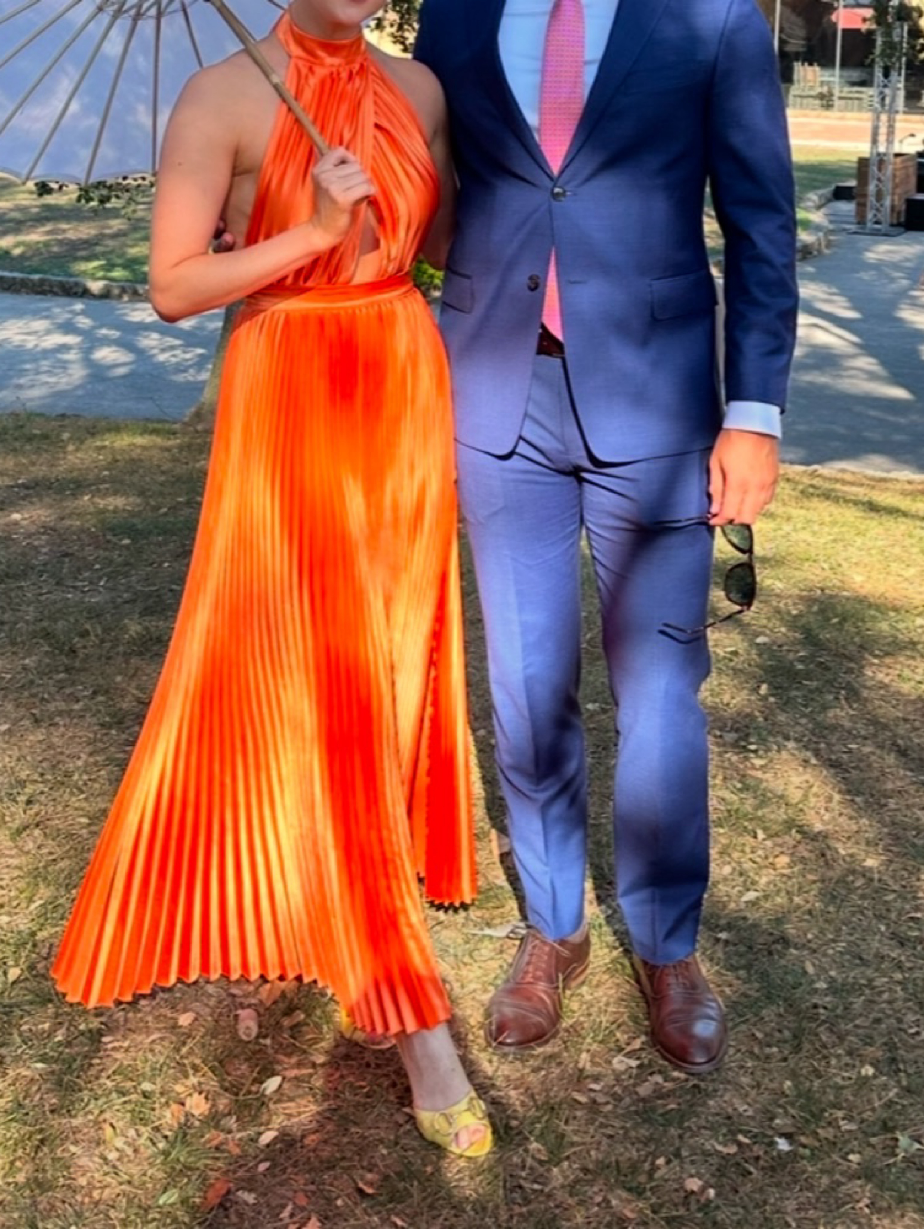 L’IDÉE Renaissance Tangelo Orange Pleated Halter Split Gown