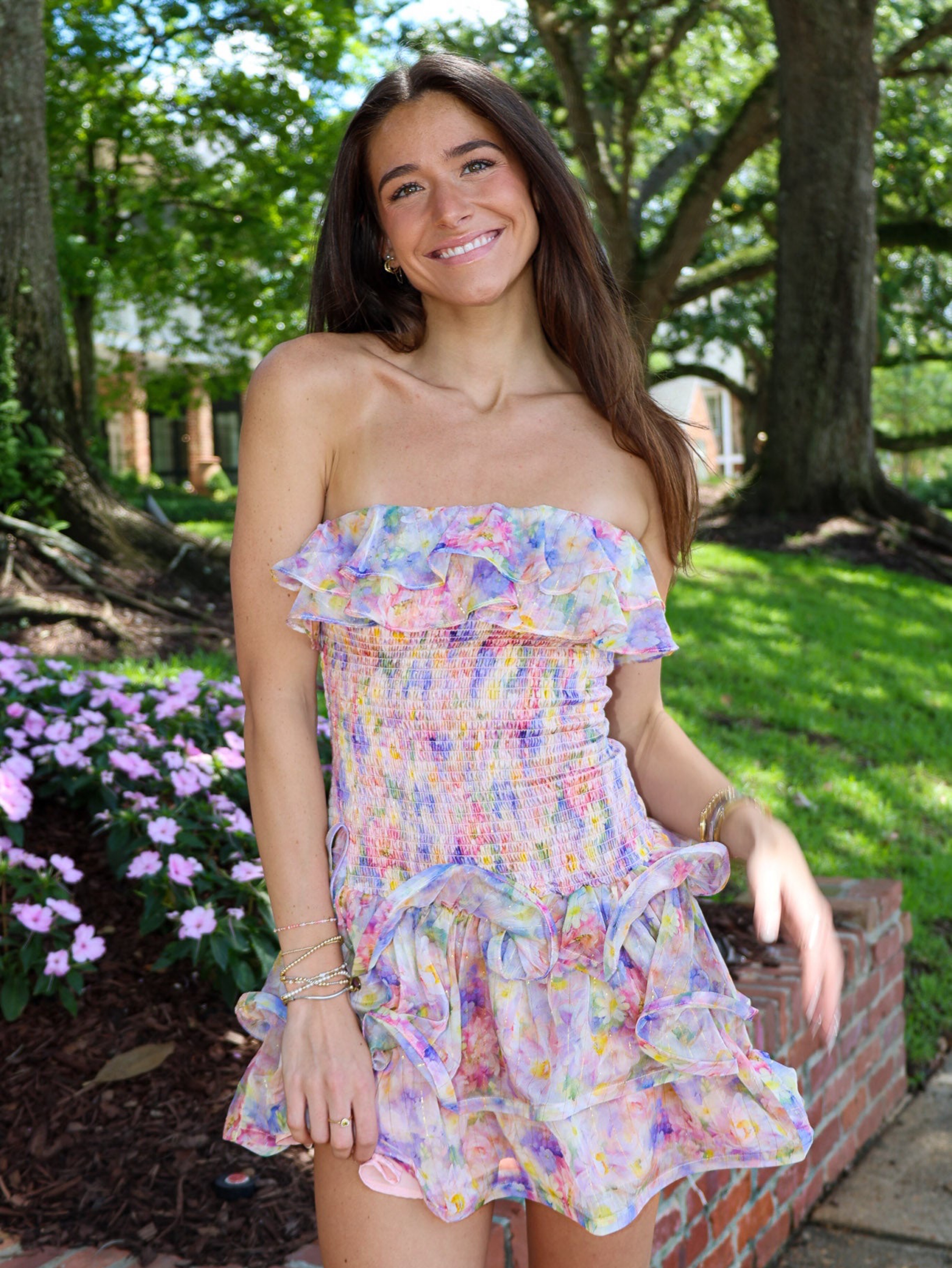 Elliatt Alindra Pastel Floral Smocked Ruffle Homecoming Mini Dress
