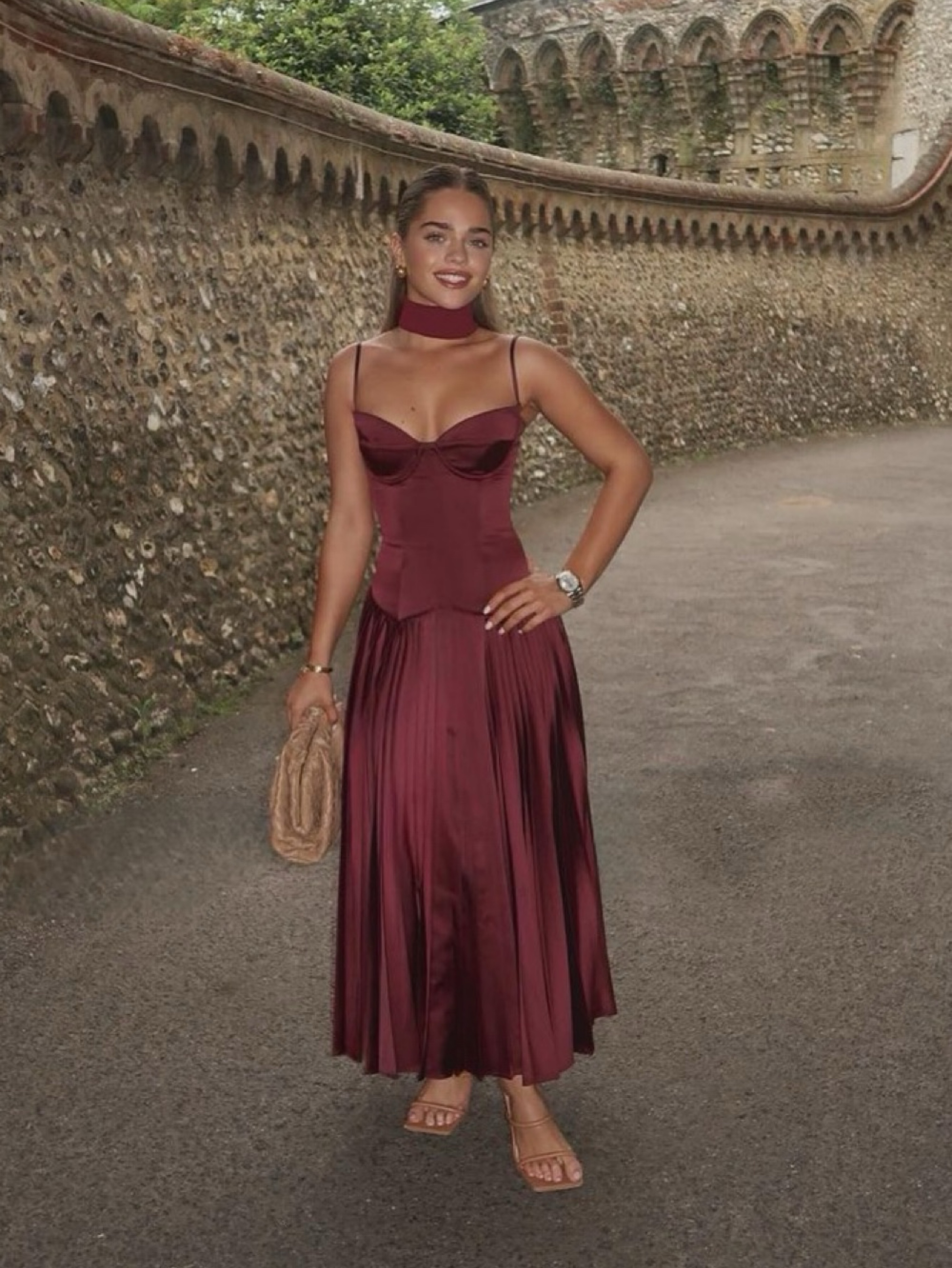 House of CB Beau Wine Burgundy Corset Pleated Midi Dress
