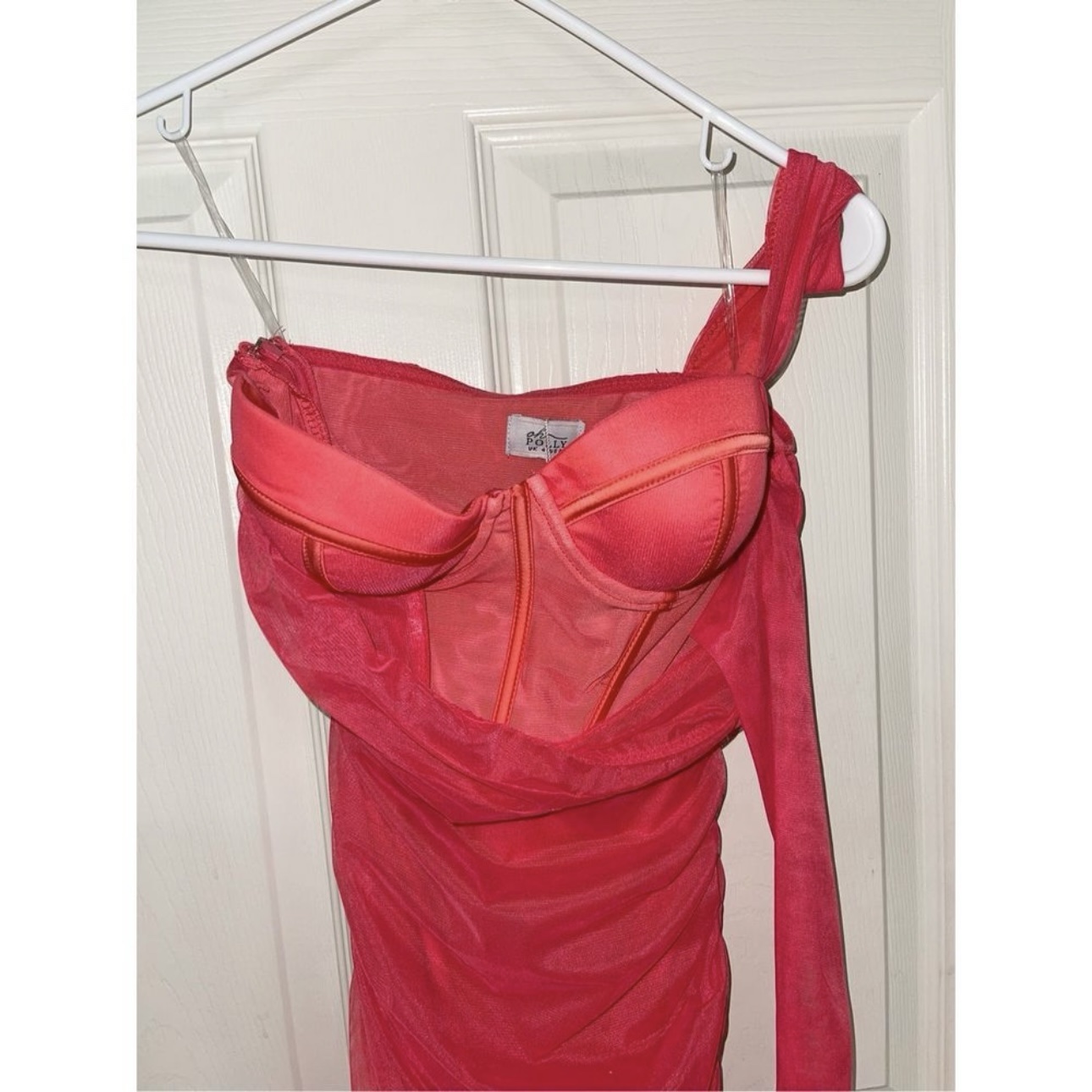mesh asymmetric off shoulder mini dress in pink Oh Polly One For You - Mesh Asymmetric Off Shoulder Mini Dress in Pink by Oh Polly