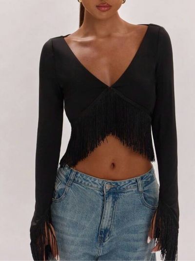 Long sleeve fringe top by N/A Boutique Brand | Pickle