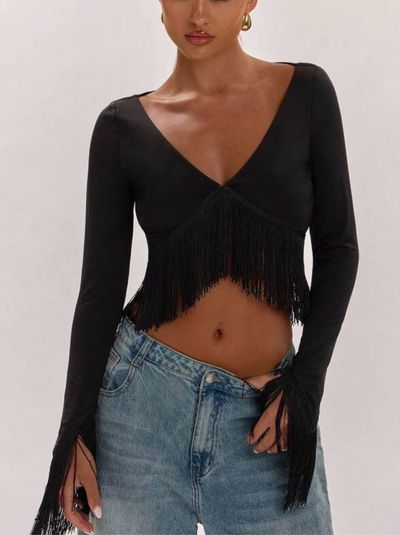 Long sleeve fringe top by N/A Boutique Brand | Pickle