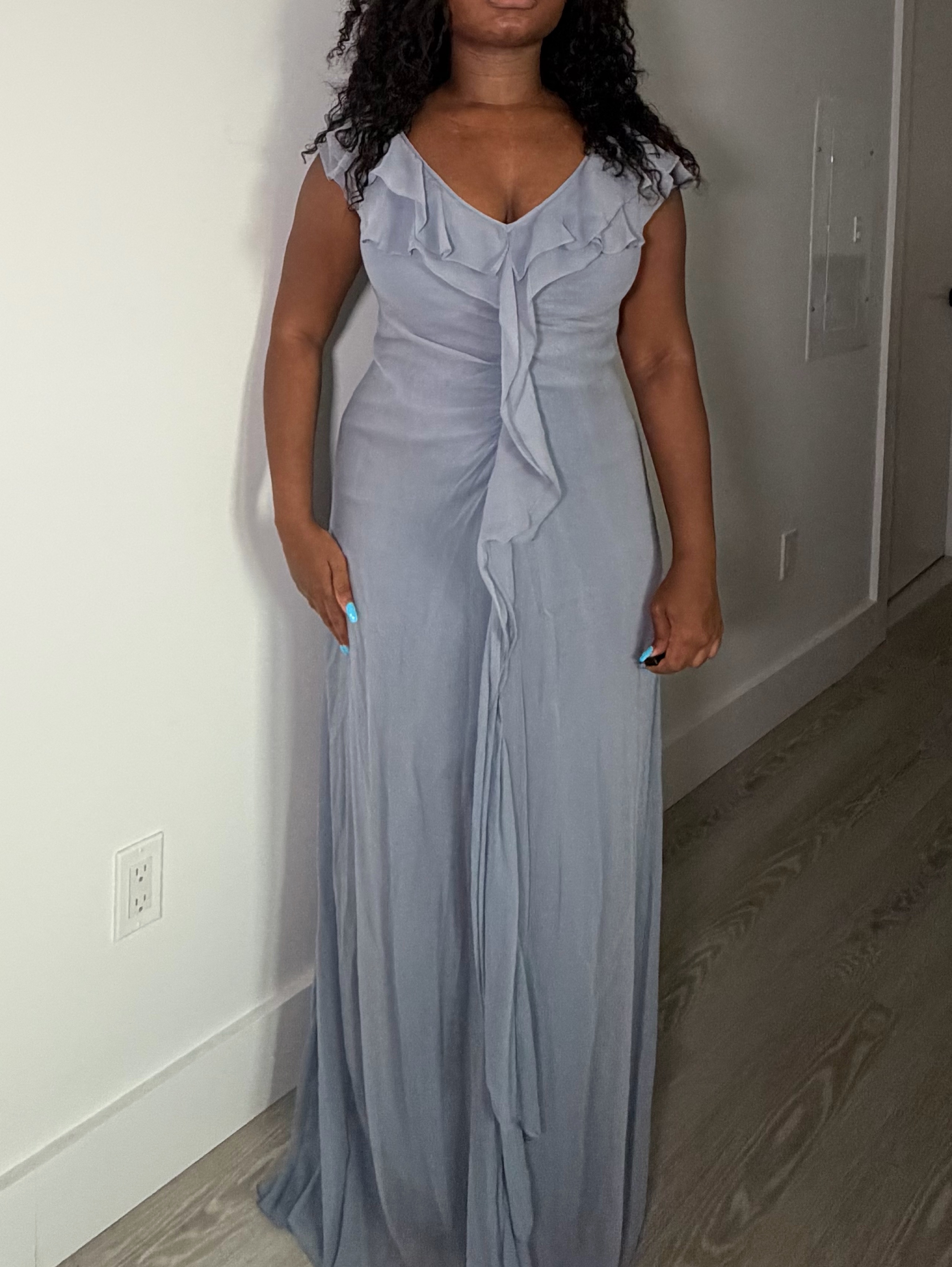 Carolina Herrera Silk Chiffon Ruffle Gown, Blue-Gray