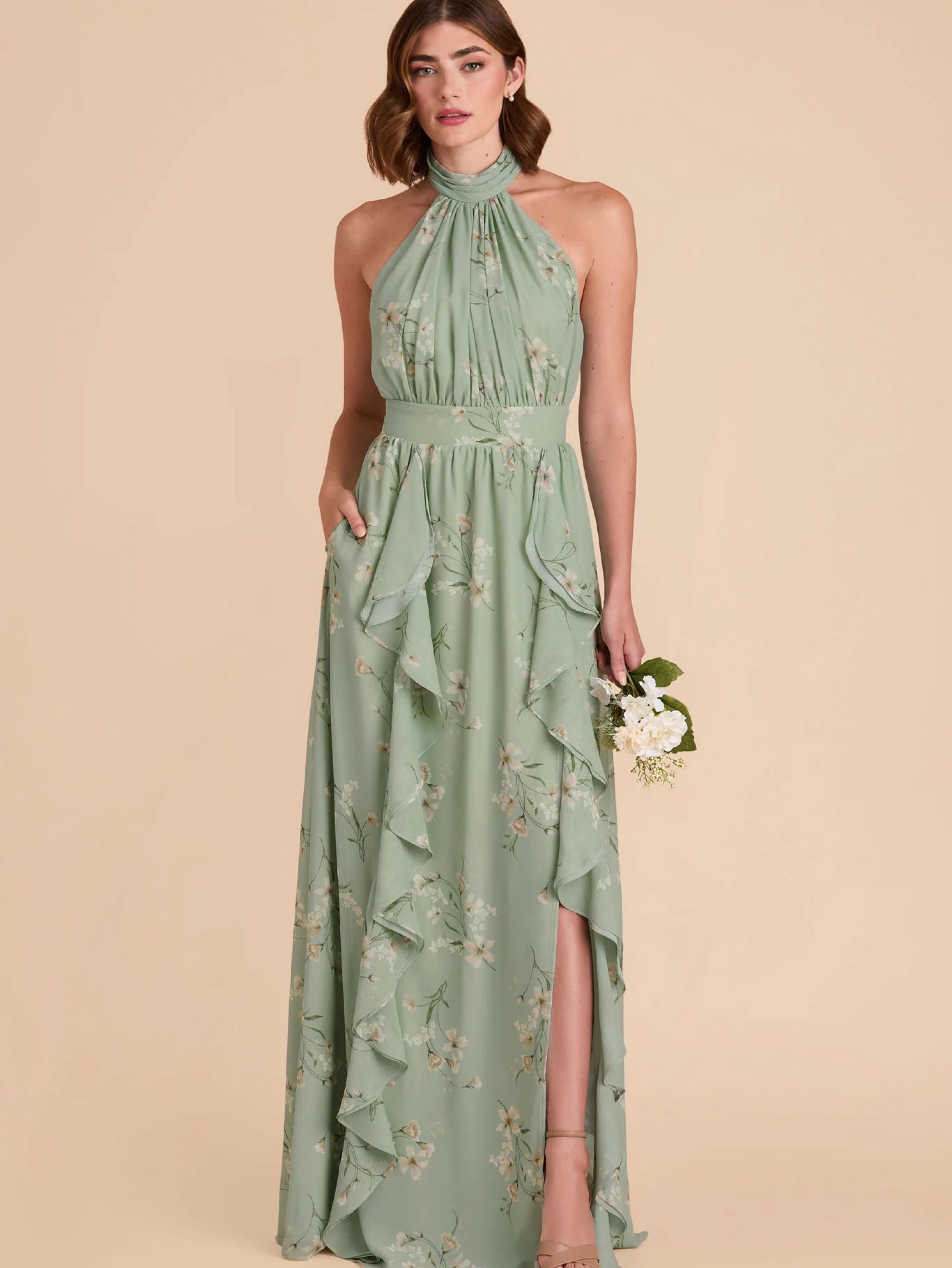 Birdie Grey Sage Floral Chiffon Halter Dress