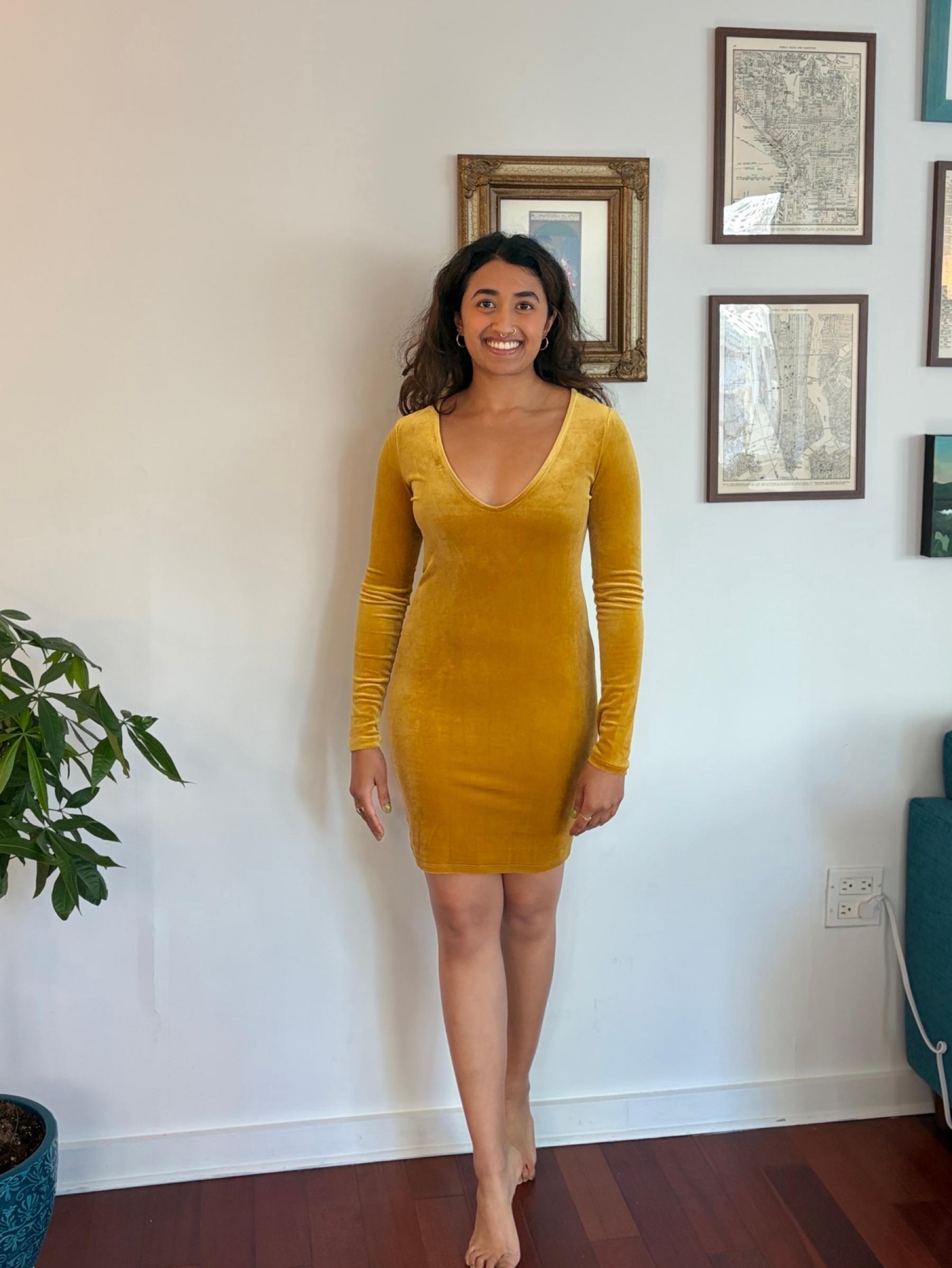 Mustard Gold Velvet Long Sleeve Mini Dress by Forever 21