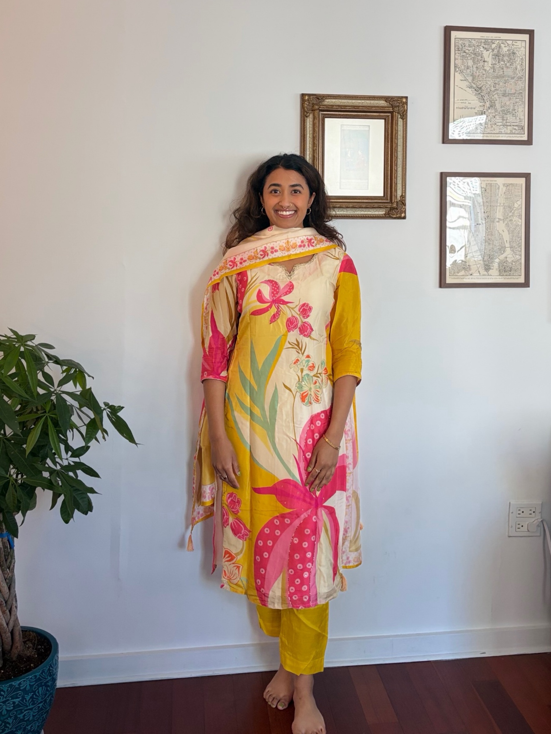 Yellow and Pink Floral Kurta with Dupatta - Mehendi