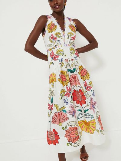 farm rio v-neck linen blend maxi dress Farm Rio V-Neck Puff-Sleeve Linen Maxi Dress