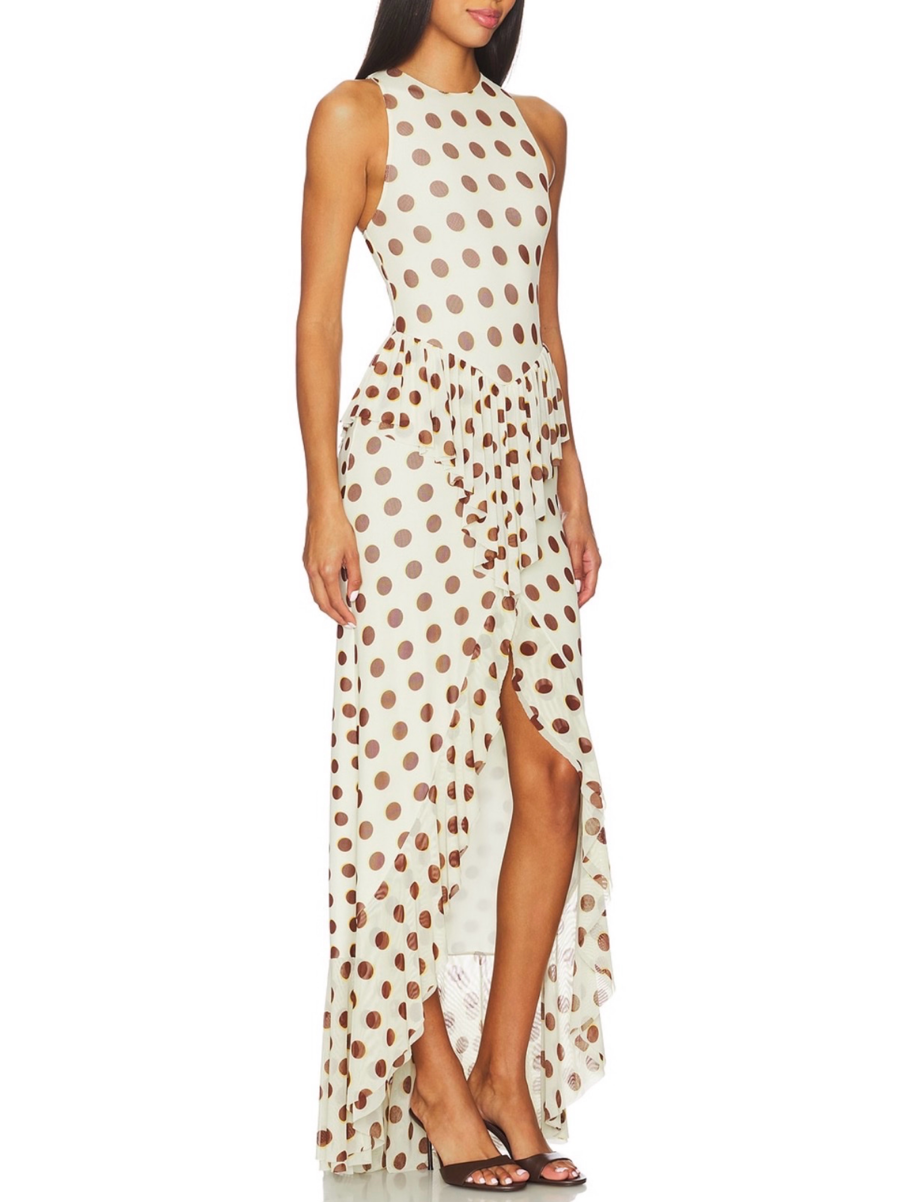 High Low Polka Dot Dress in White and Tan