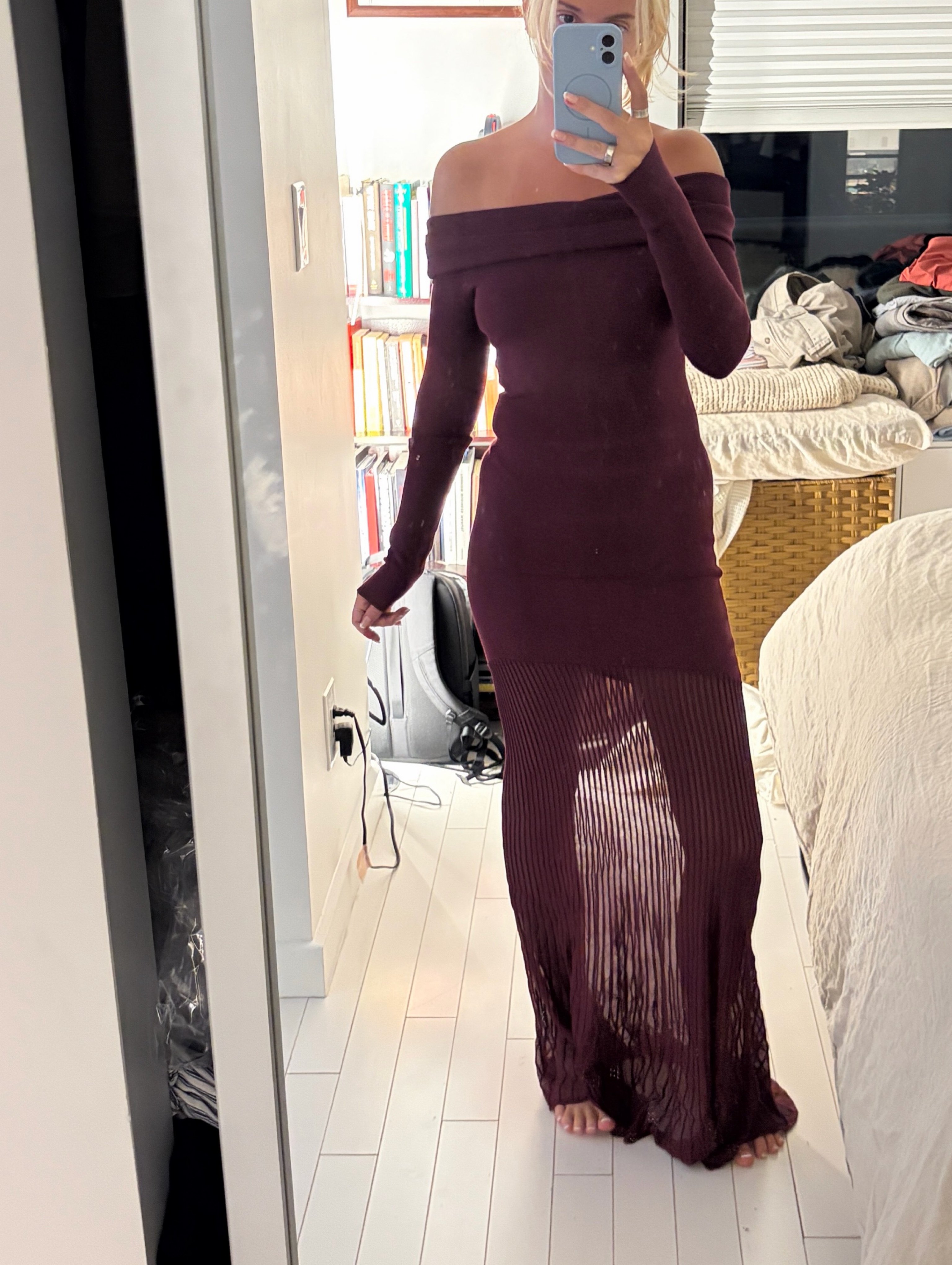 Burgundy Ribbed Knit Off-Shoulder Dress