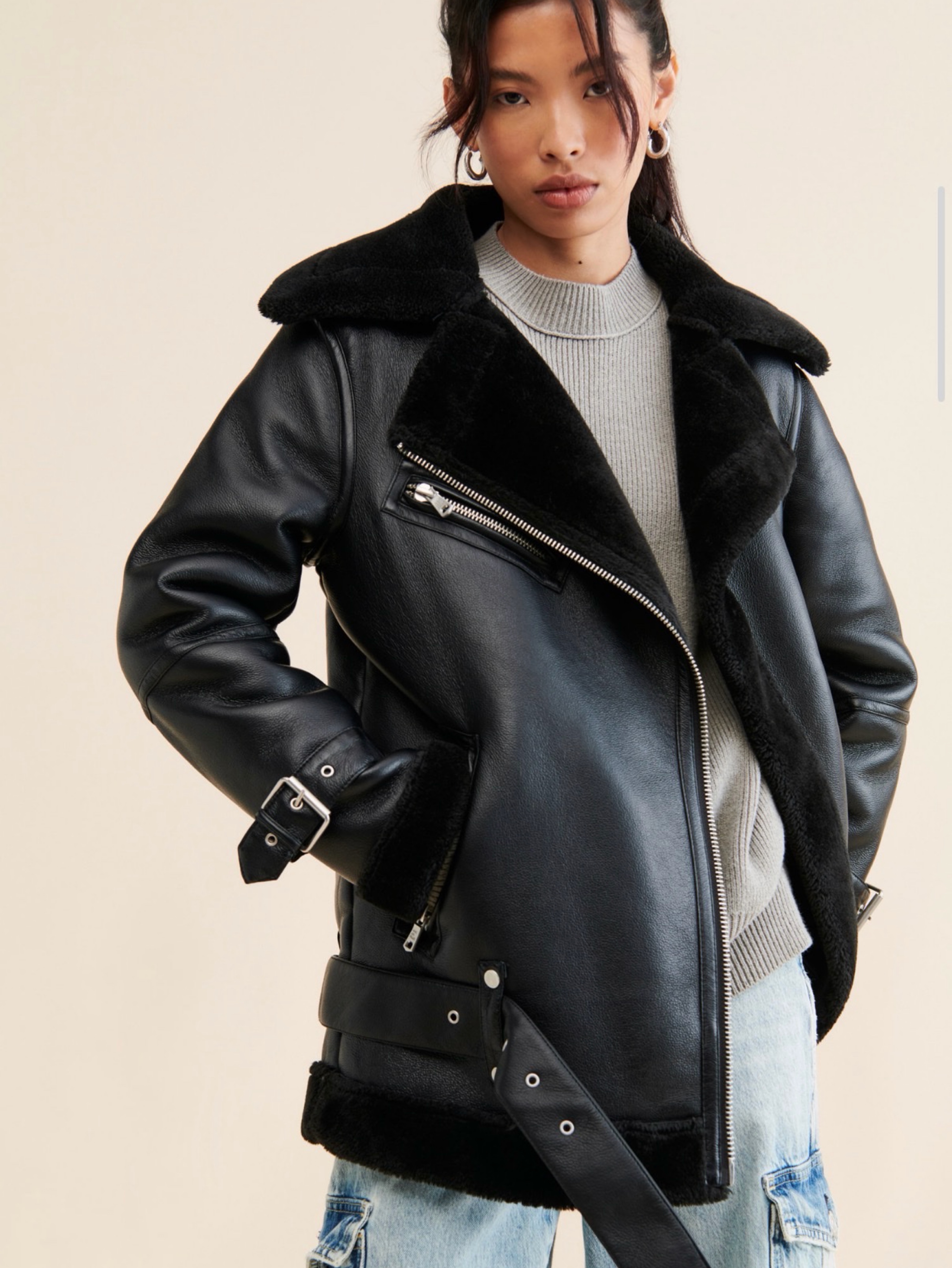 Black Leather Oversized Moto Jacket