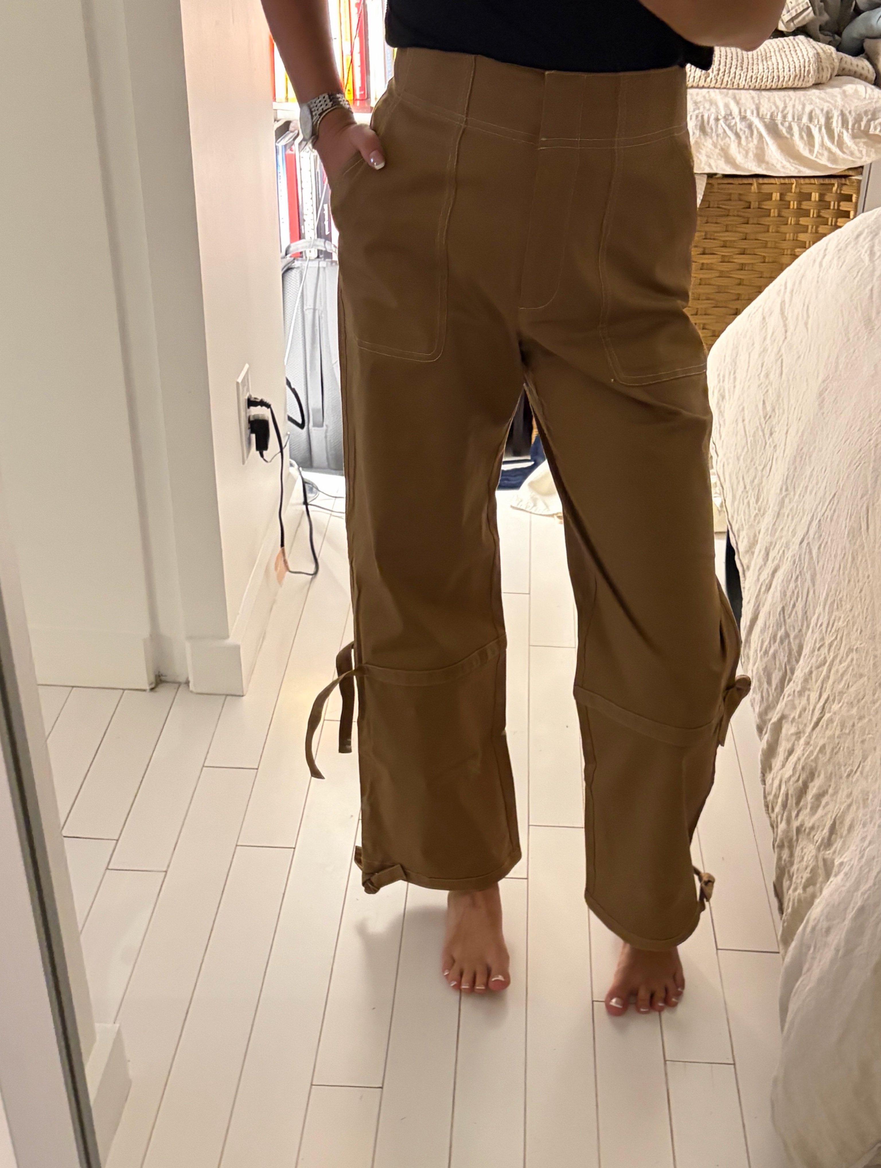 Tan Cotton Cargo Pants with Tie Details
