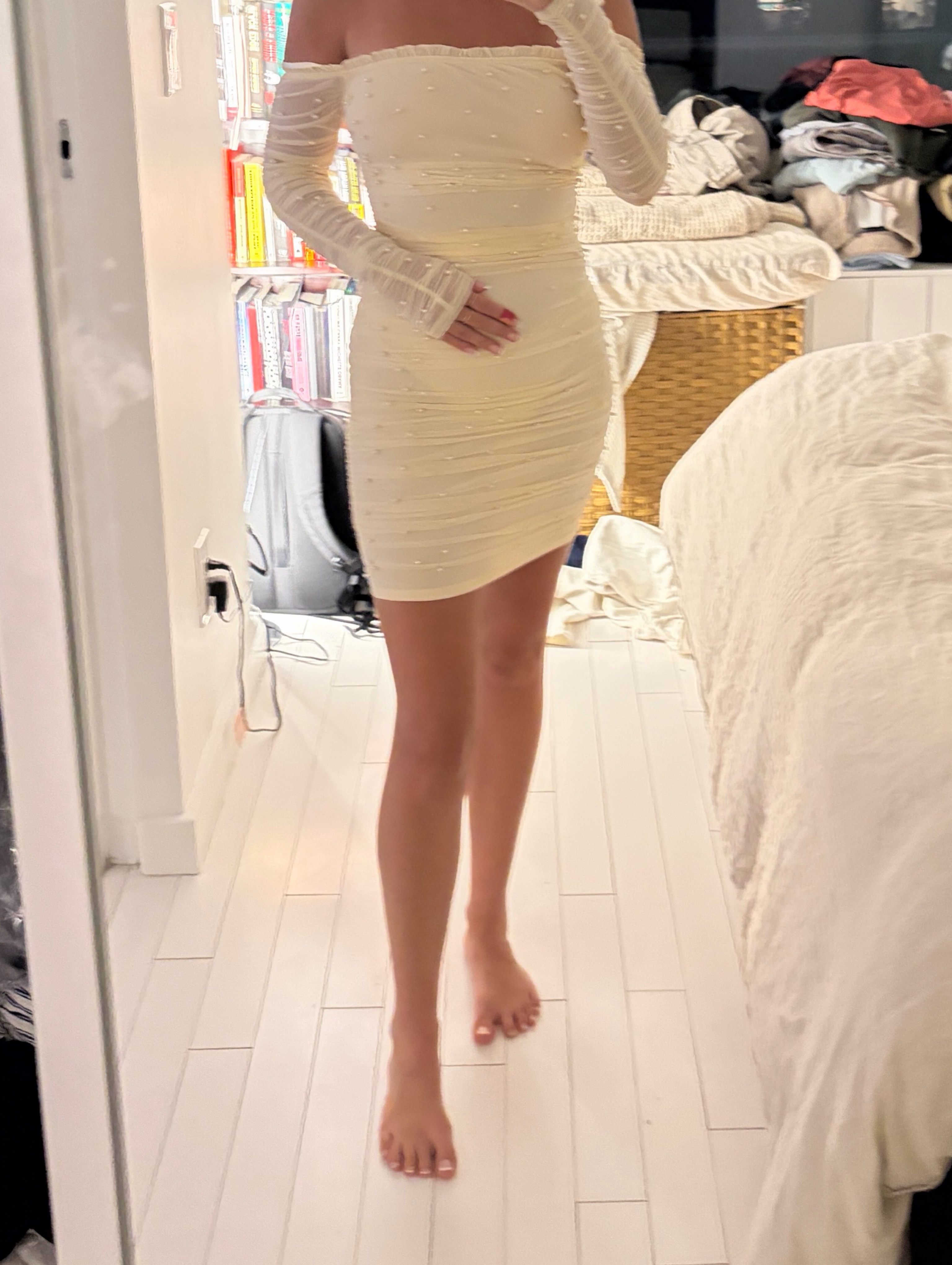 Cream Ruched Pearl Mini Dress