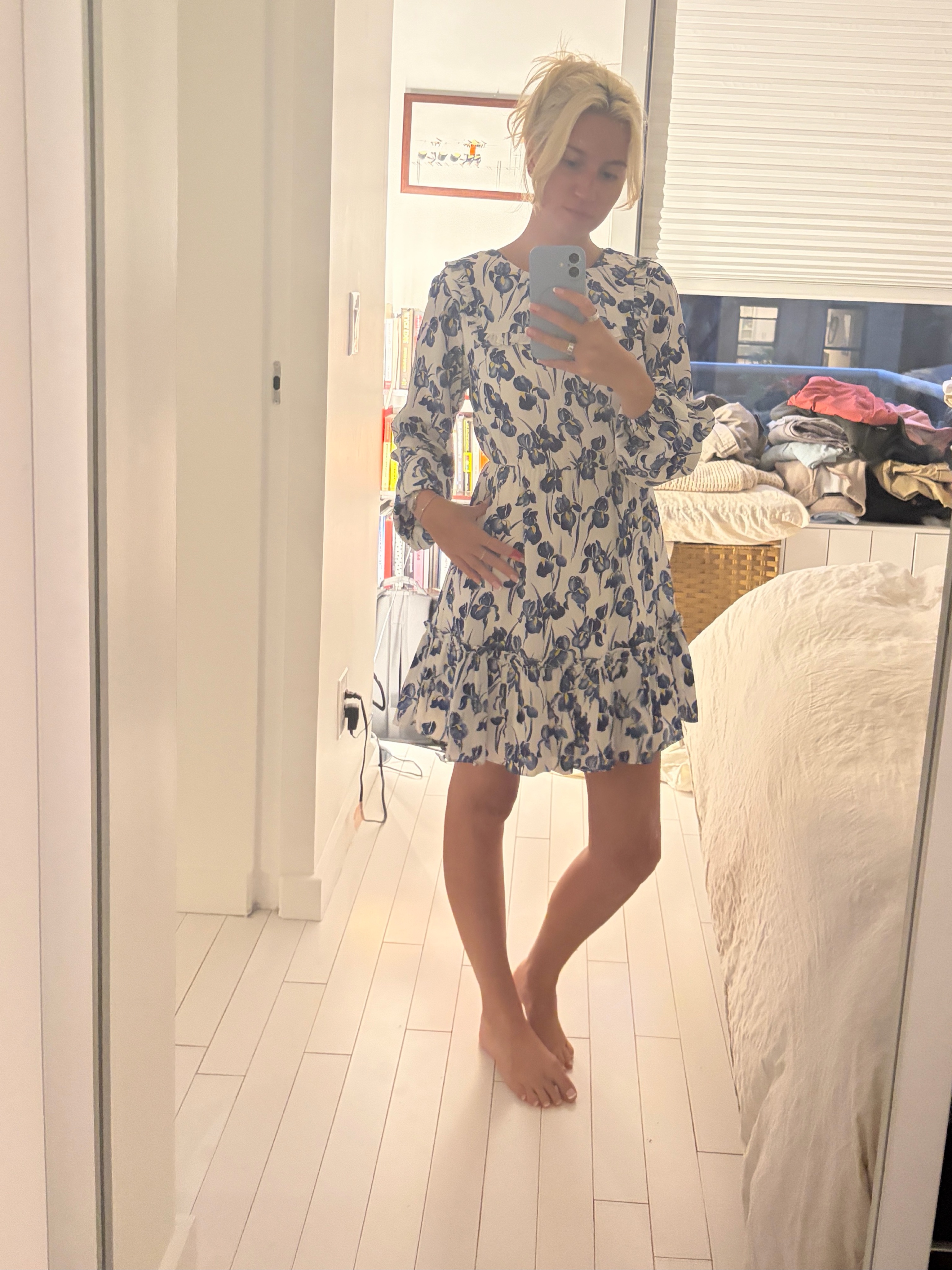Navy Floral Print Long-Sleeve Dress
