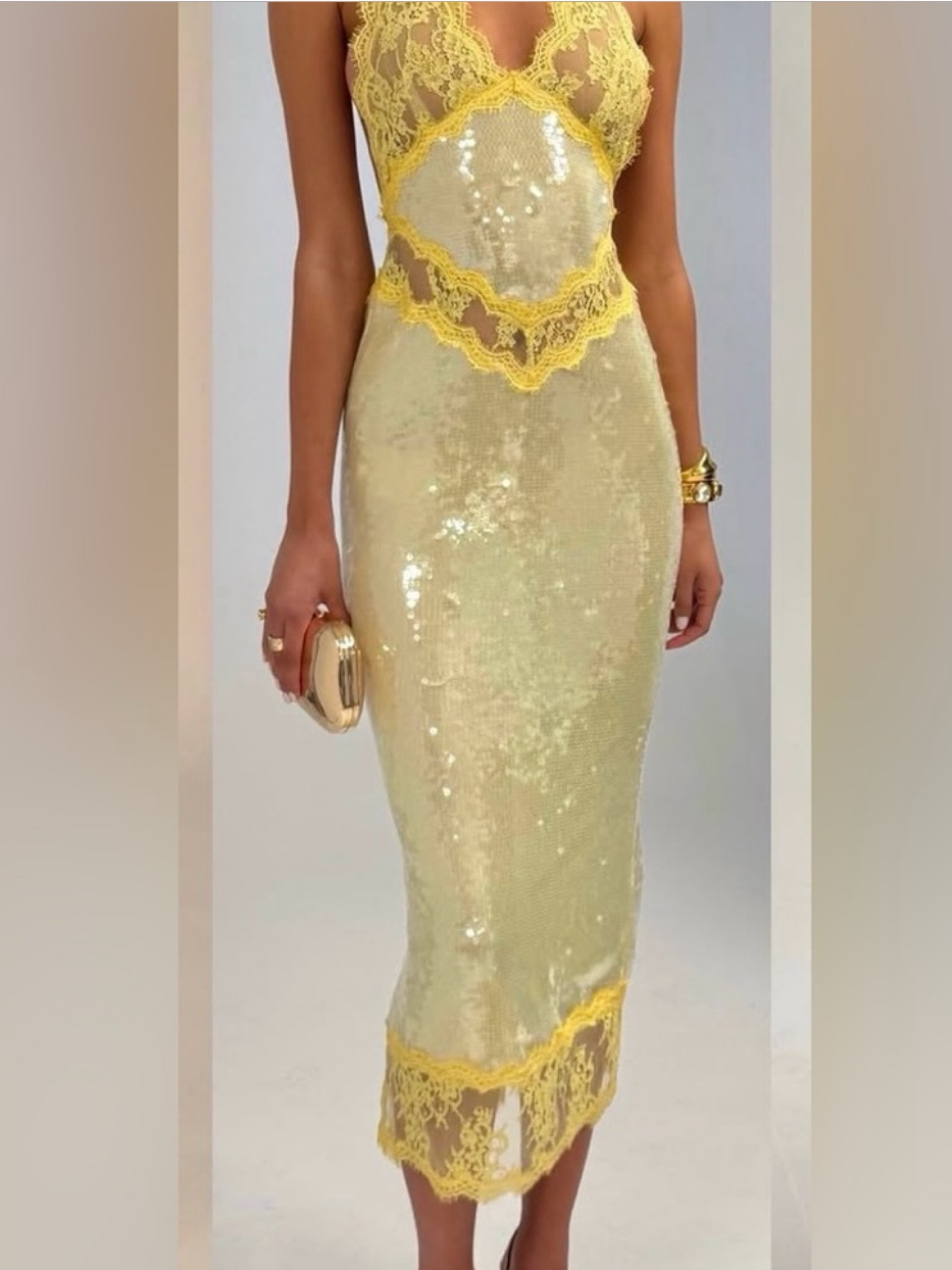 yellow sequin midi dress Fallon Yellow Sequin Cut Out Formal Maxi Dress - US 14