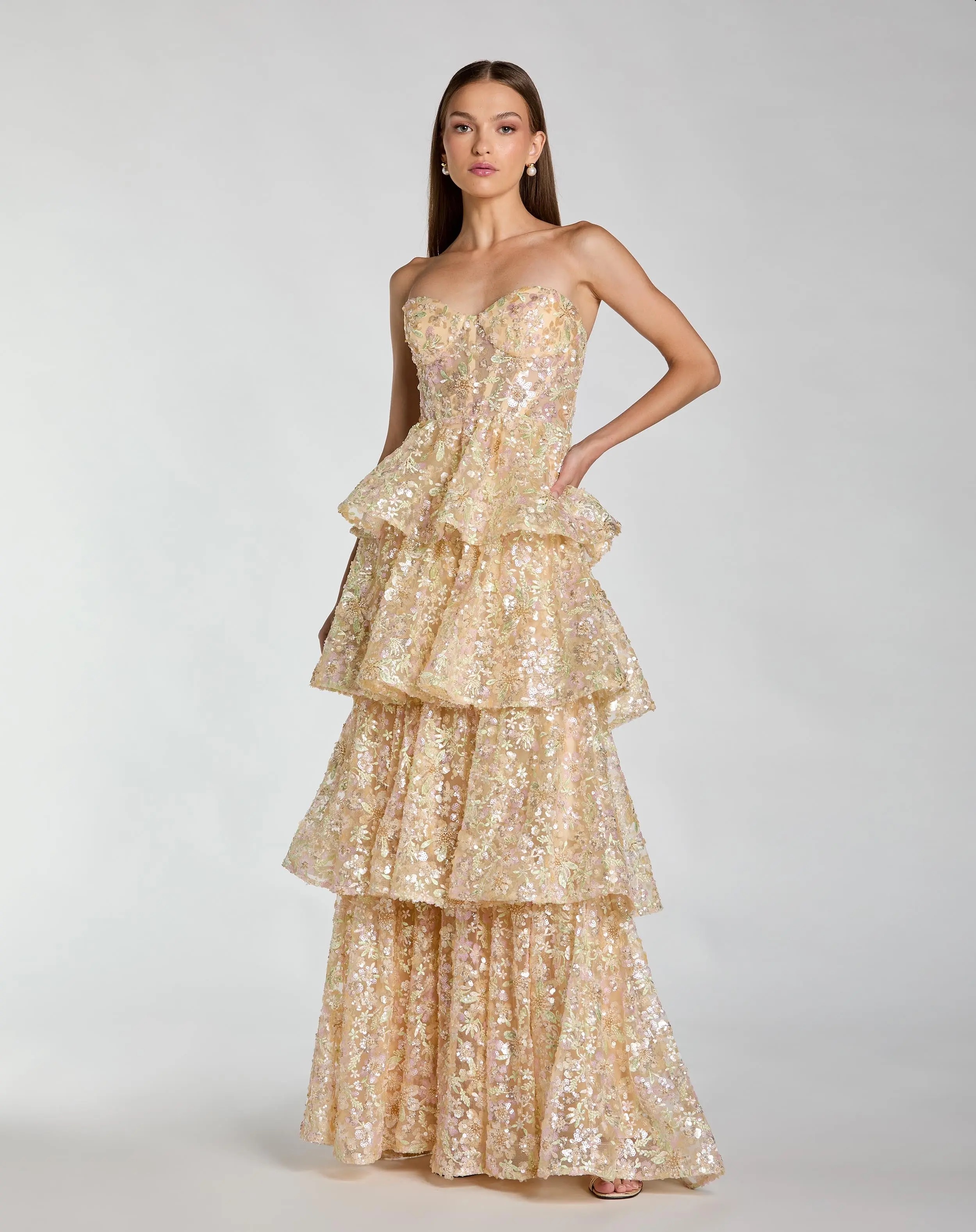 elegant gold dresses Mac Duggal 10059 Embellished Mesh Long Sleeve V Neck Dress