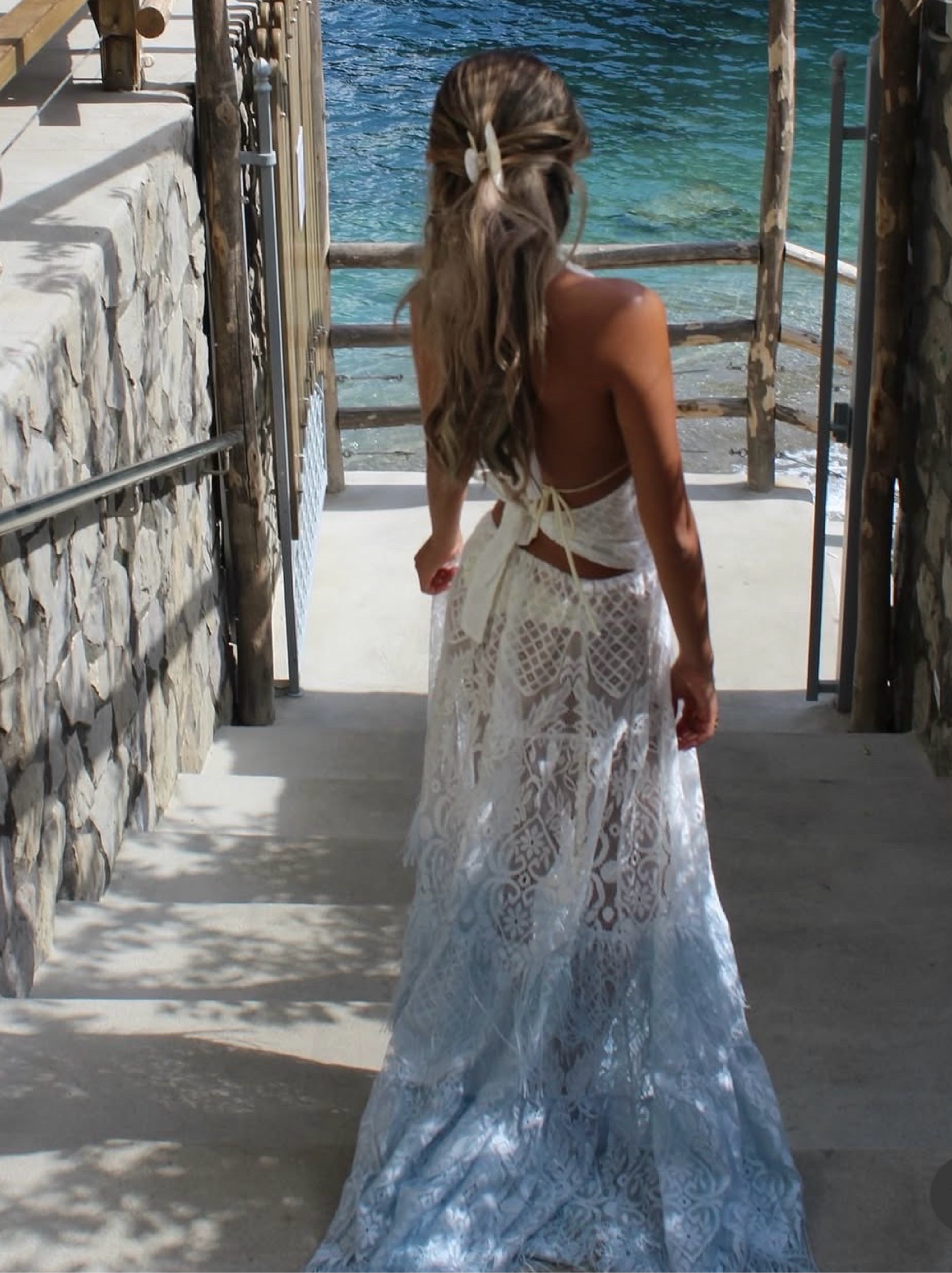 lace beach maxi dress White Lace Halter Beach Maxi Dress by Antica Sartoria
