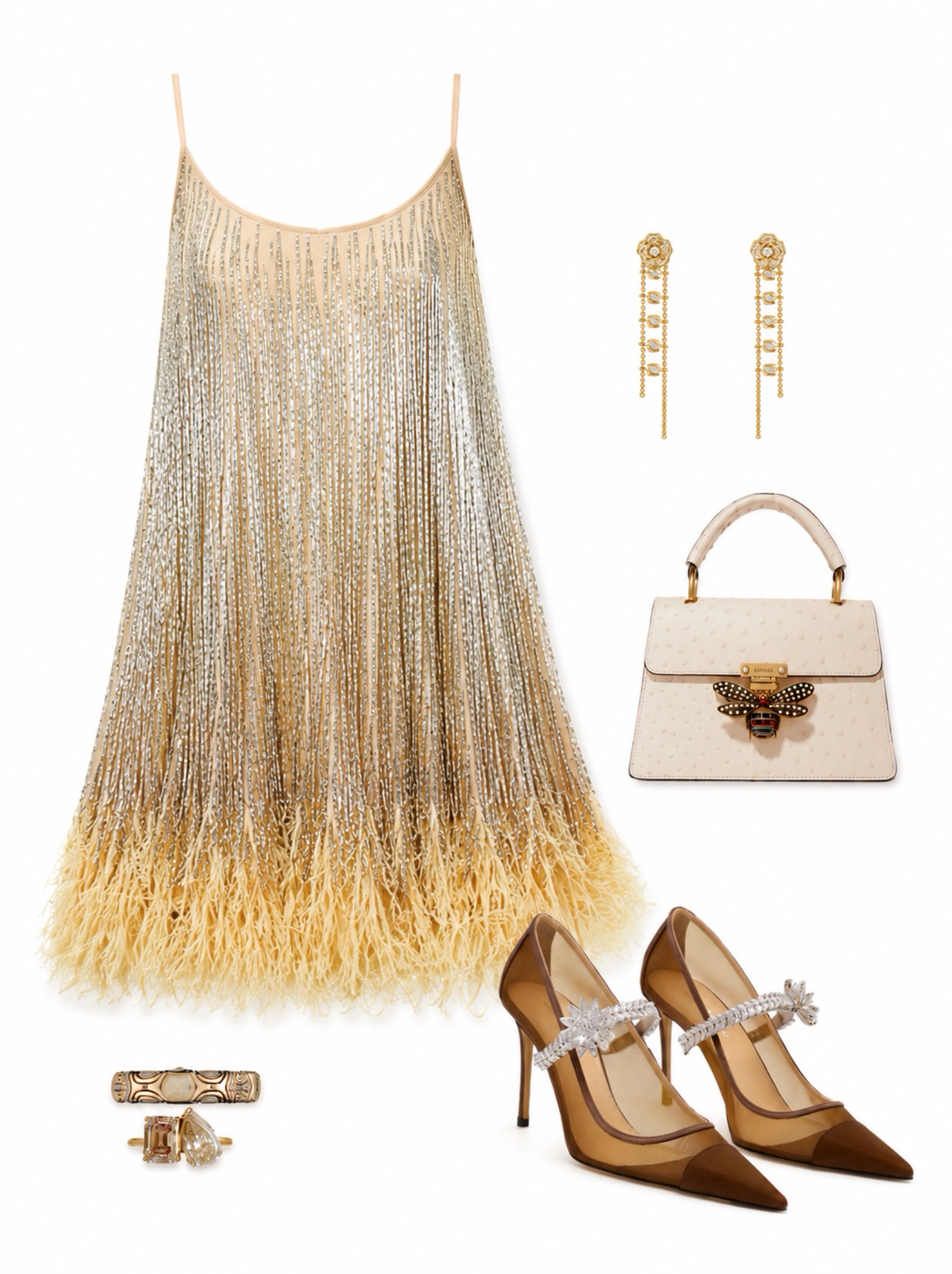 Gold Sequin Fringe Midi Dress