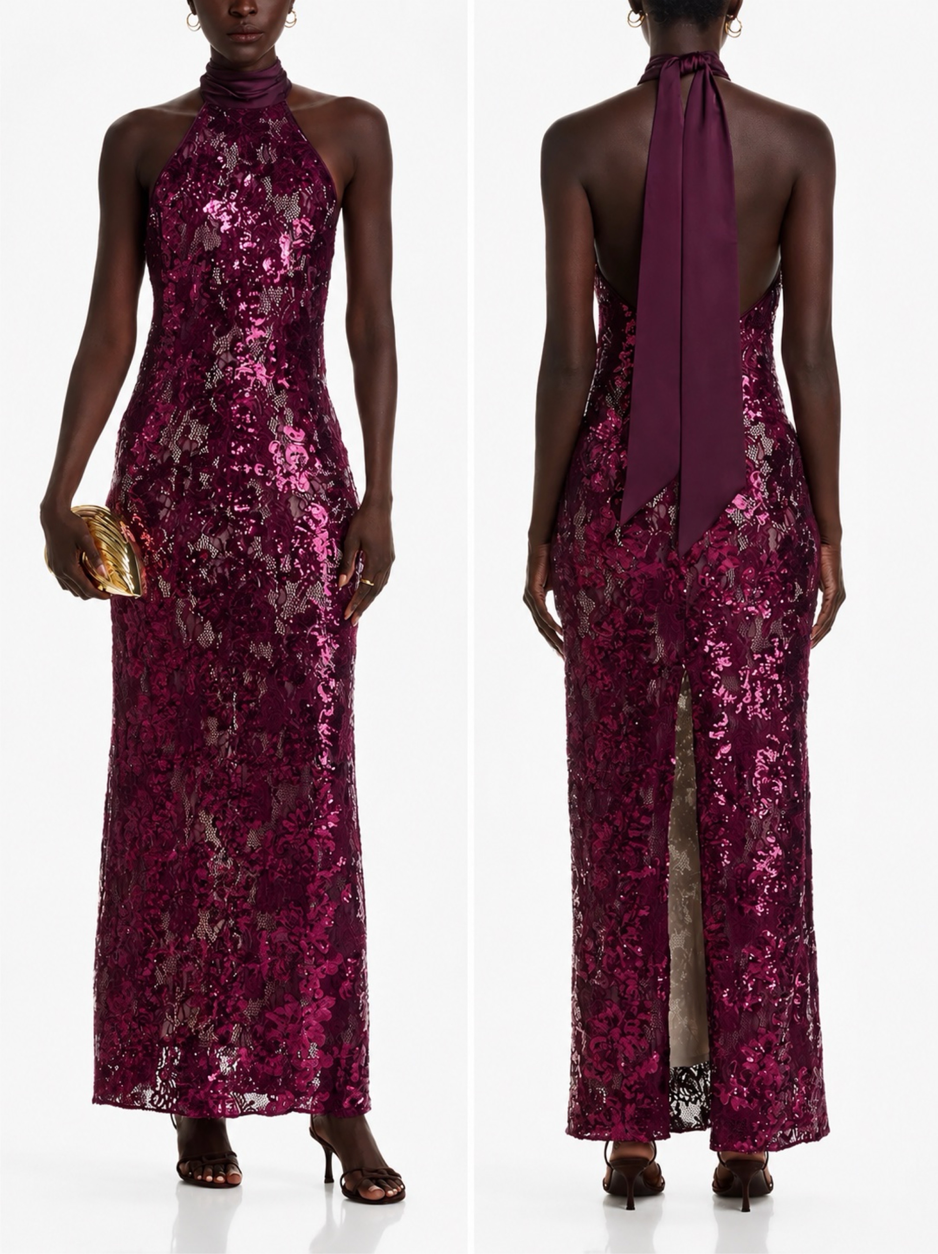 Silk Sequin Halter Maxi Dress-RamyBrook