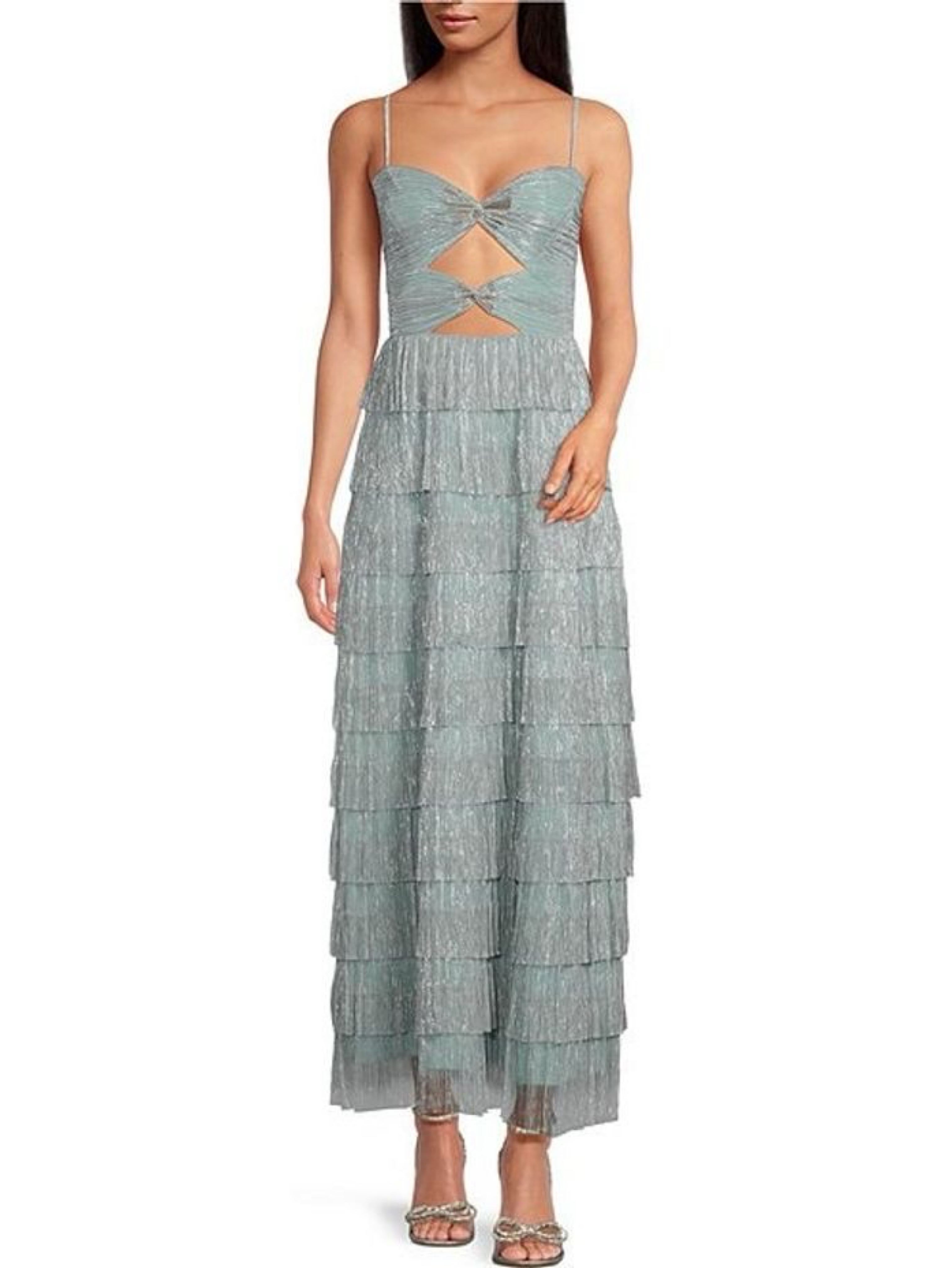 grace metallic plisse sweetheart neck cut out tiered dress Gianni Bini Cut-Out by Gianna Bini 48 in lengthPolyester/metallicDry clean Gianni Bini Grace Metallic Plisse