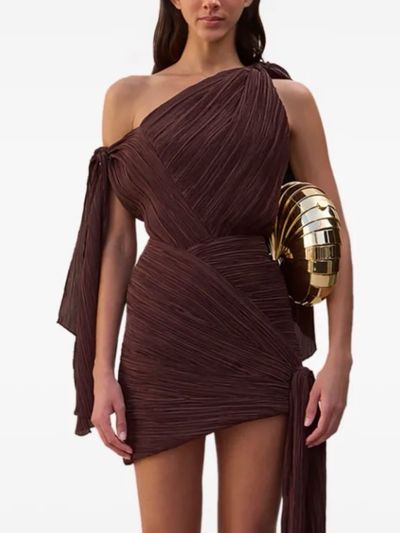 Brown Pleated One-Shoulder Mini Dress with scarf detail by Cult