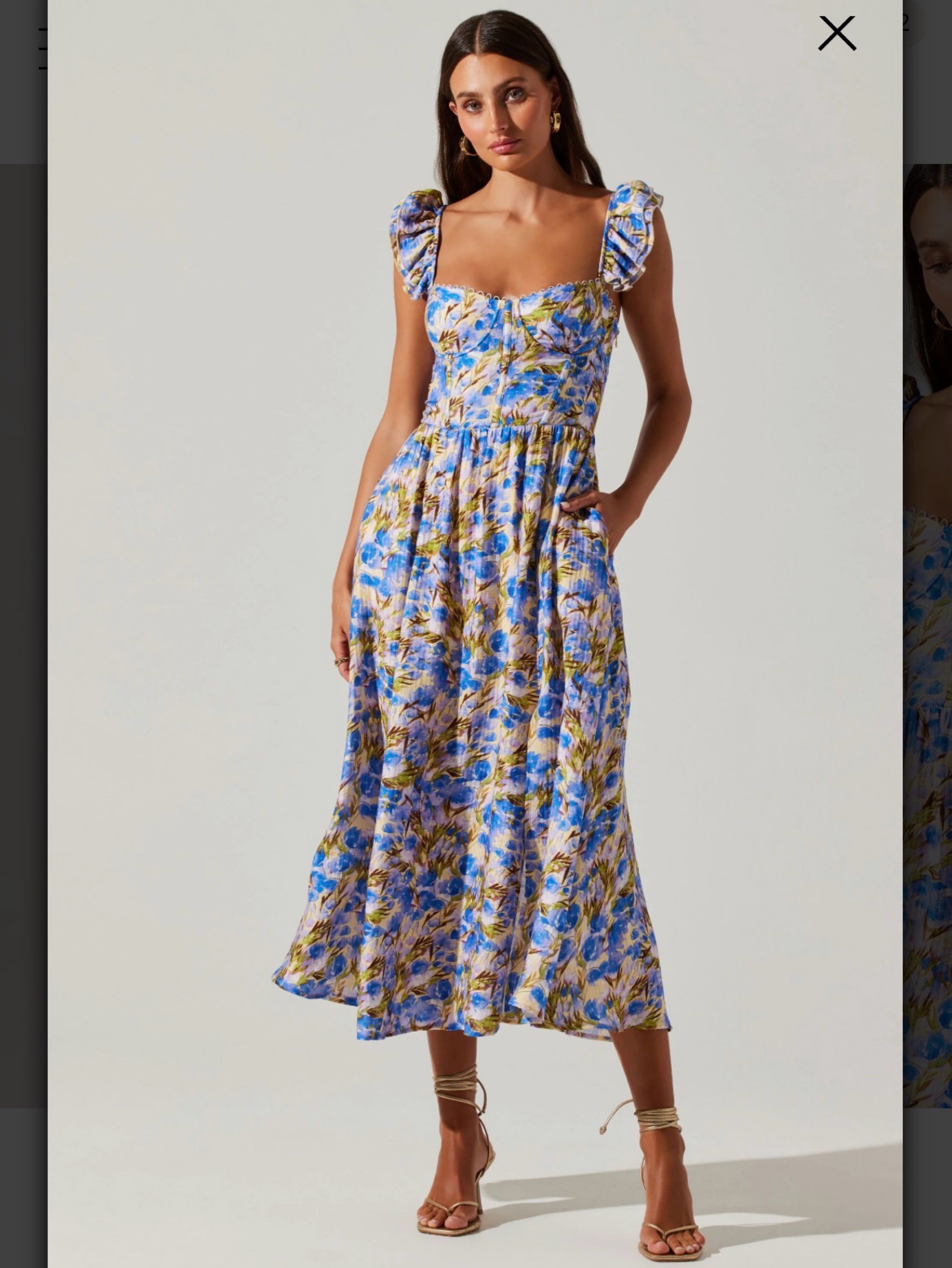 blue floral ruched midi dress Blue Floral Print Ruched Midi Dress by ASTR the label