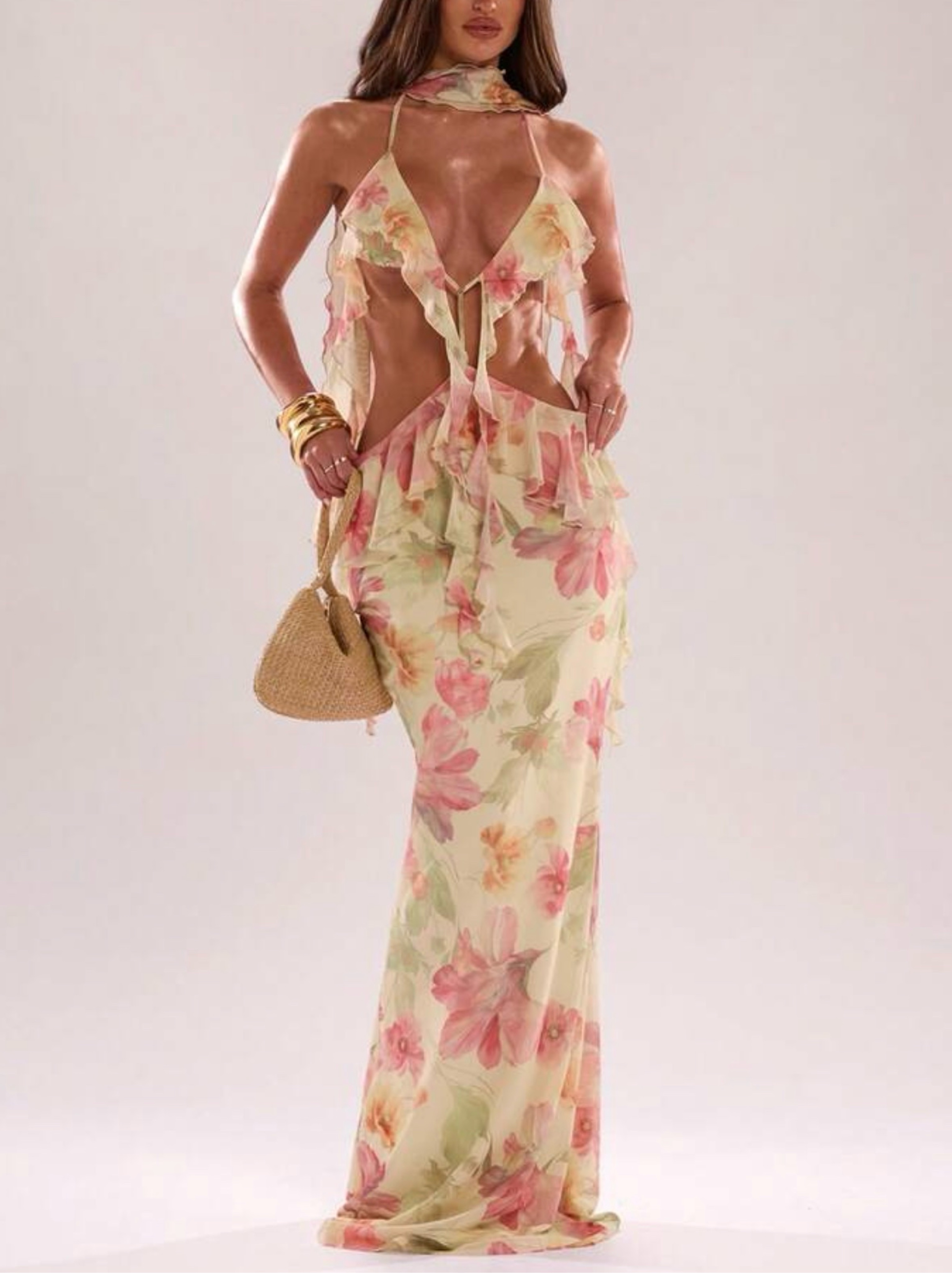 Yellow Floral Ruffle Cutout Dress Size XS