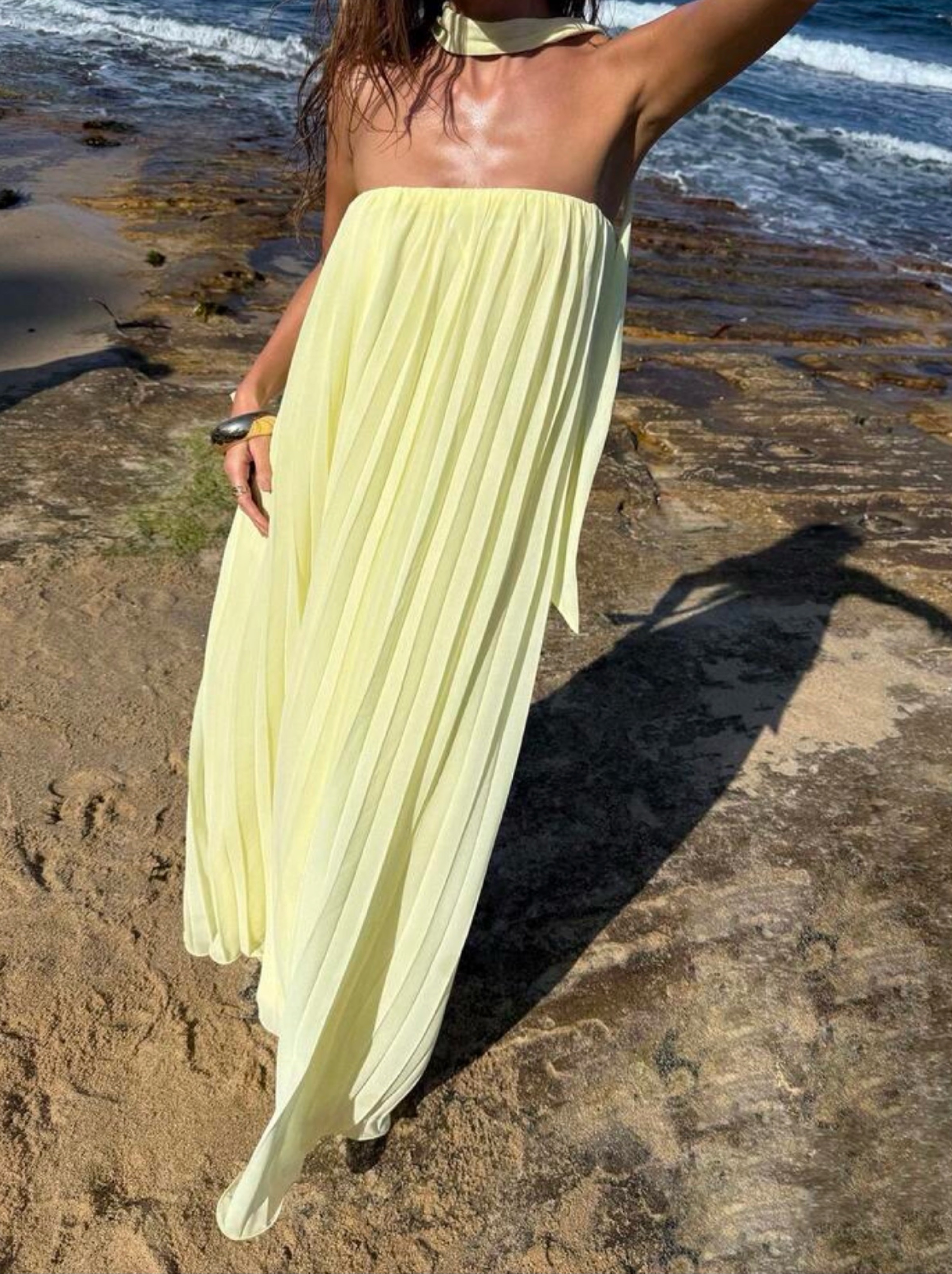 YELLOW Pleated Halter Maxi Dress Size XS