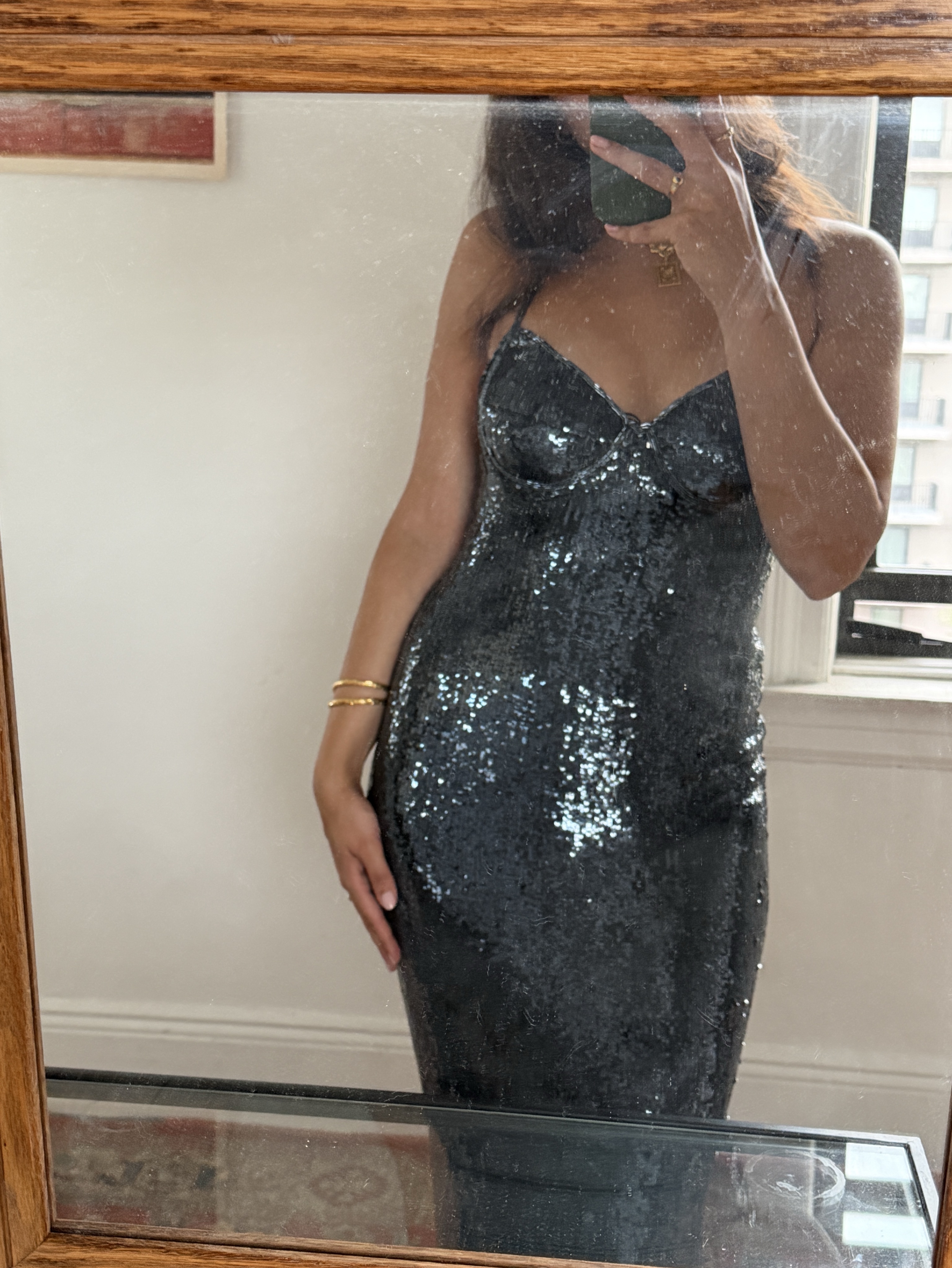 90s shimmer dress Calvin Klein Navy Floor Length Sequin Gown by Calvin Klein Color:Fuchsia/Leopard/Print