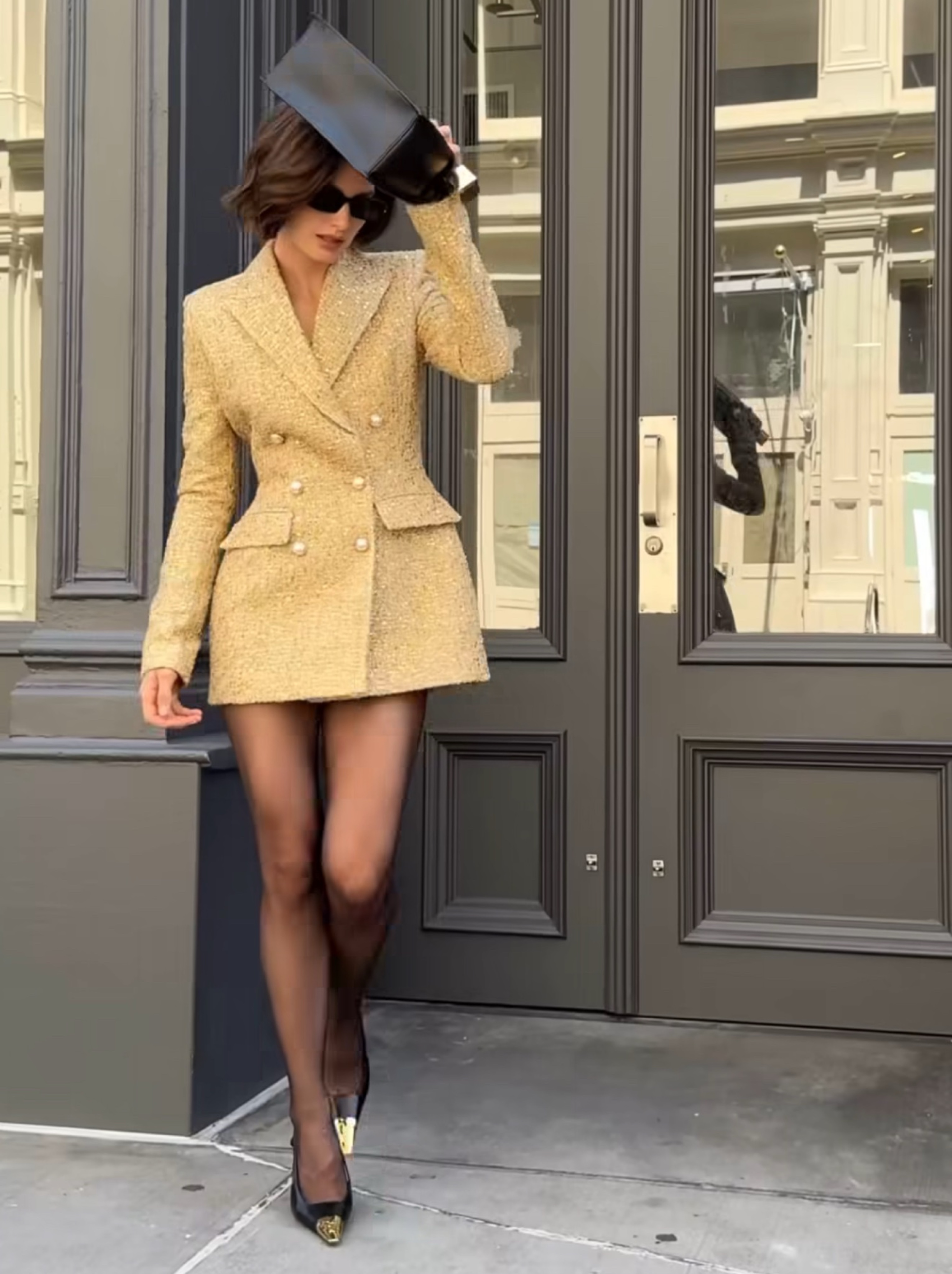 gold blazer dress Chanel Style White Tweed by Revolve metallic gold blazer womens