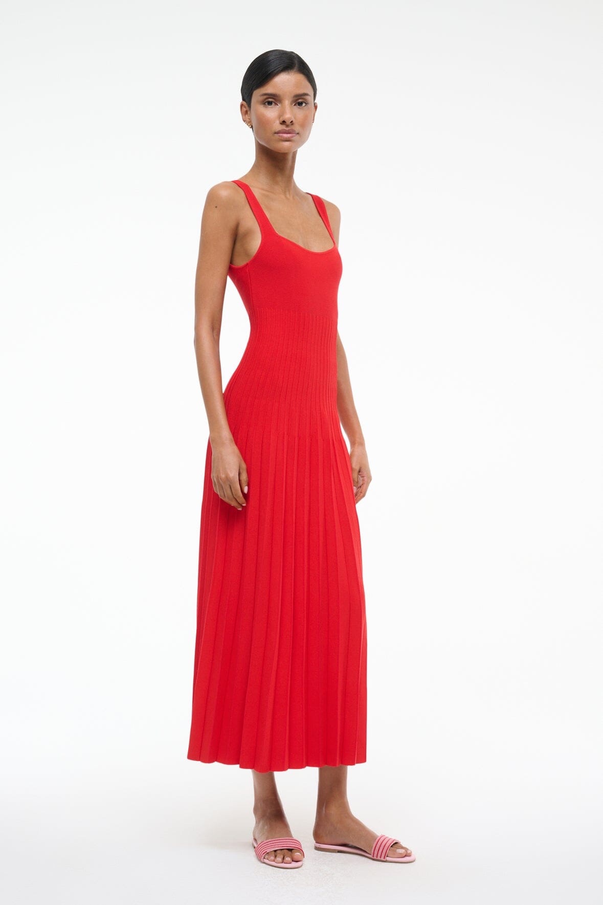 staud ellison rib knit sleeveless midi dress STAUD Ellison Dress Red Rose