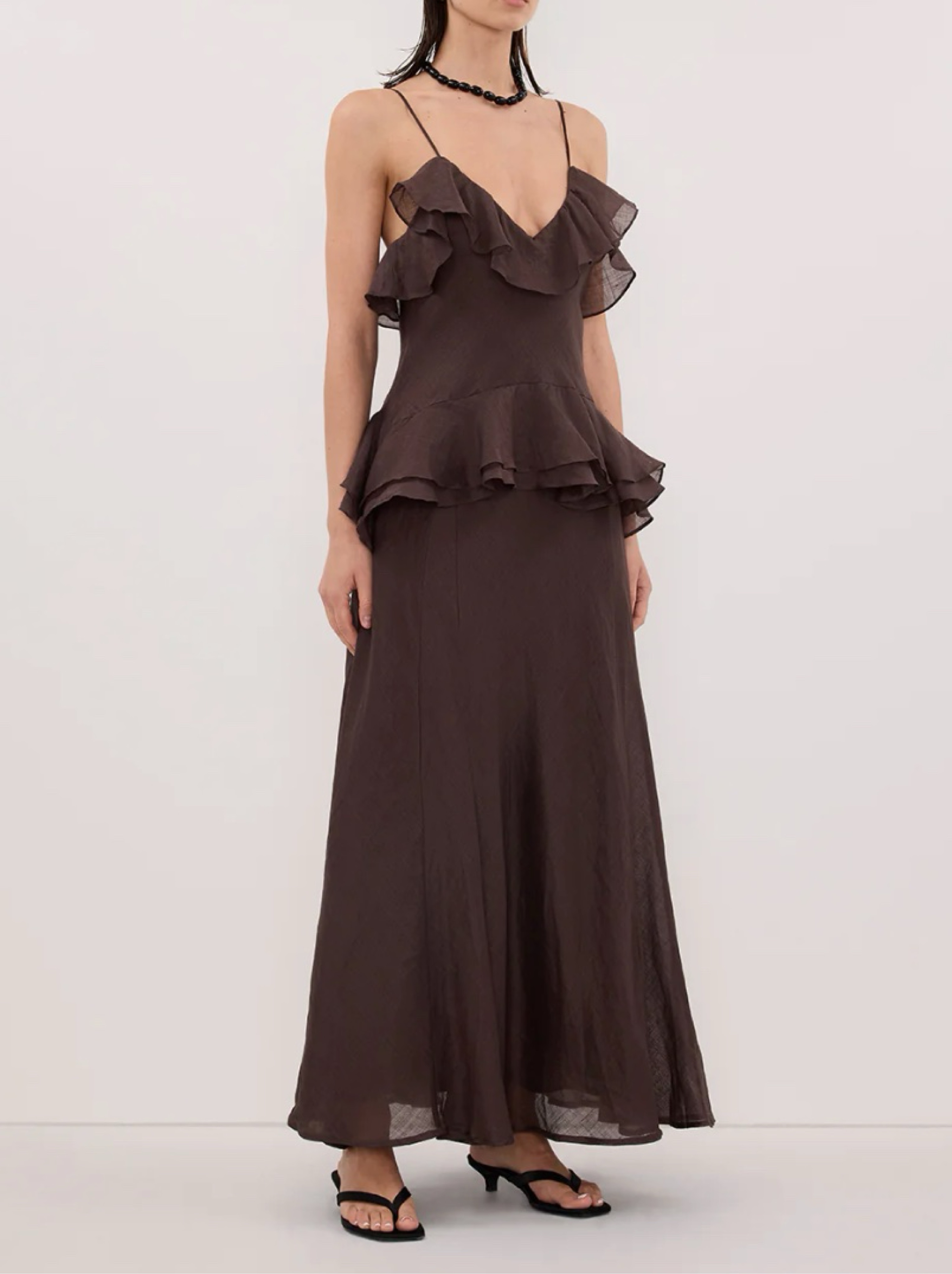 brown maxi ruffle dress Santana Ruffle Mesh Maxi Dress - Brown/combo