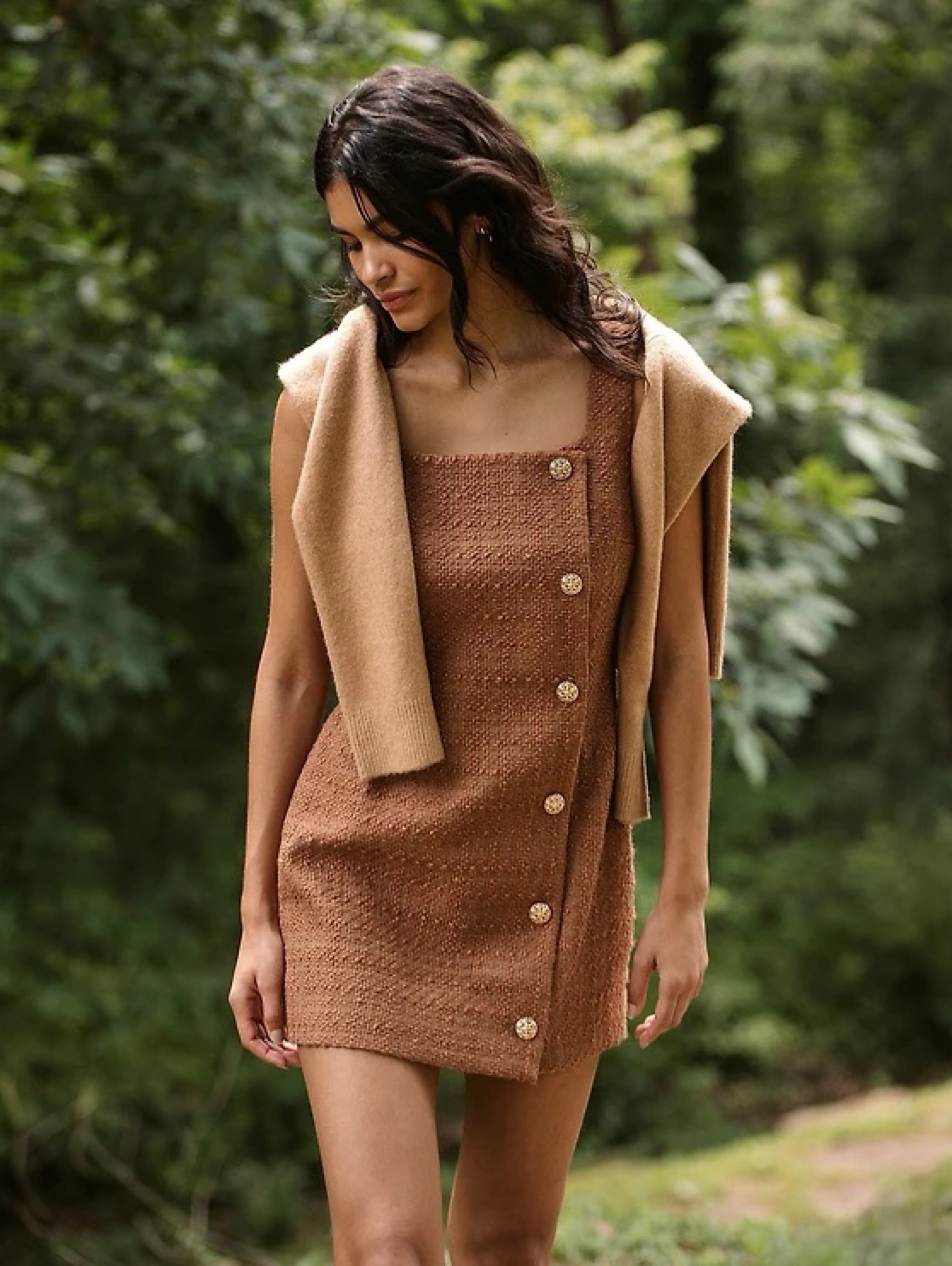 brown tweed dress Asymmetrical Button-Front by French Connection Alyce Paris 7130 - occasion:date-night line fit and flared Style:SU25224