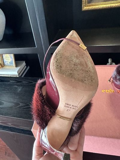 Kendall Miles Throne Patent Pump with Mink Fur in Burgundy | Size