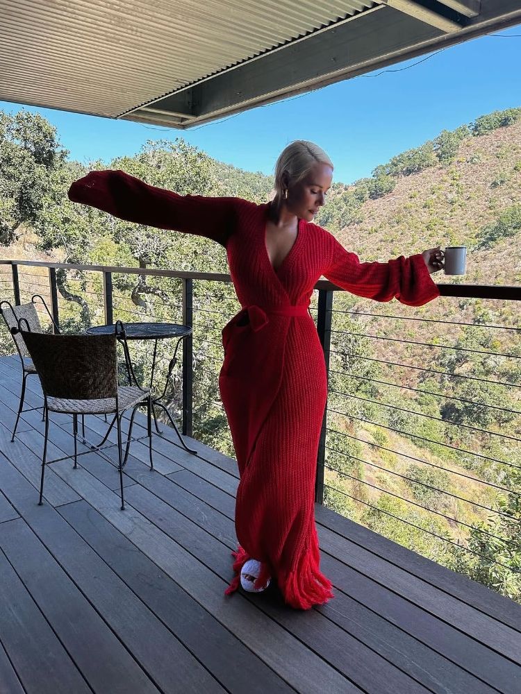 Miya Hanifa Red Floor-Length Knit Cardigan Dress by Hanifa