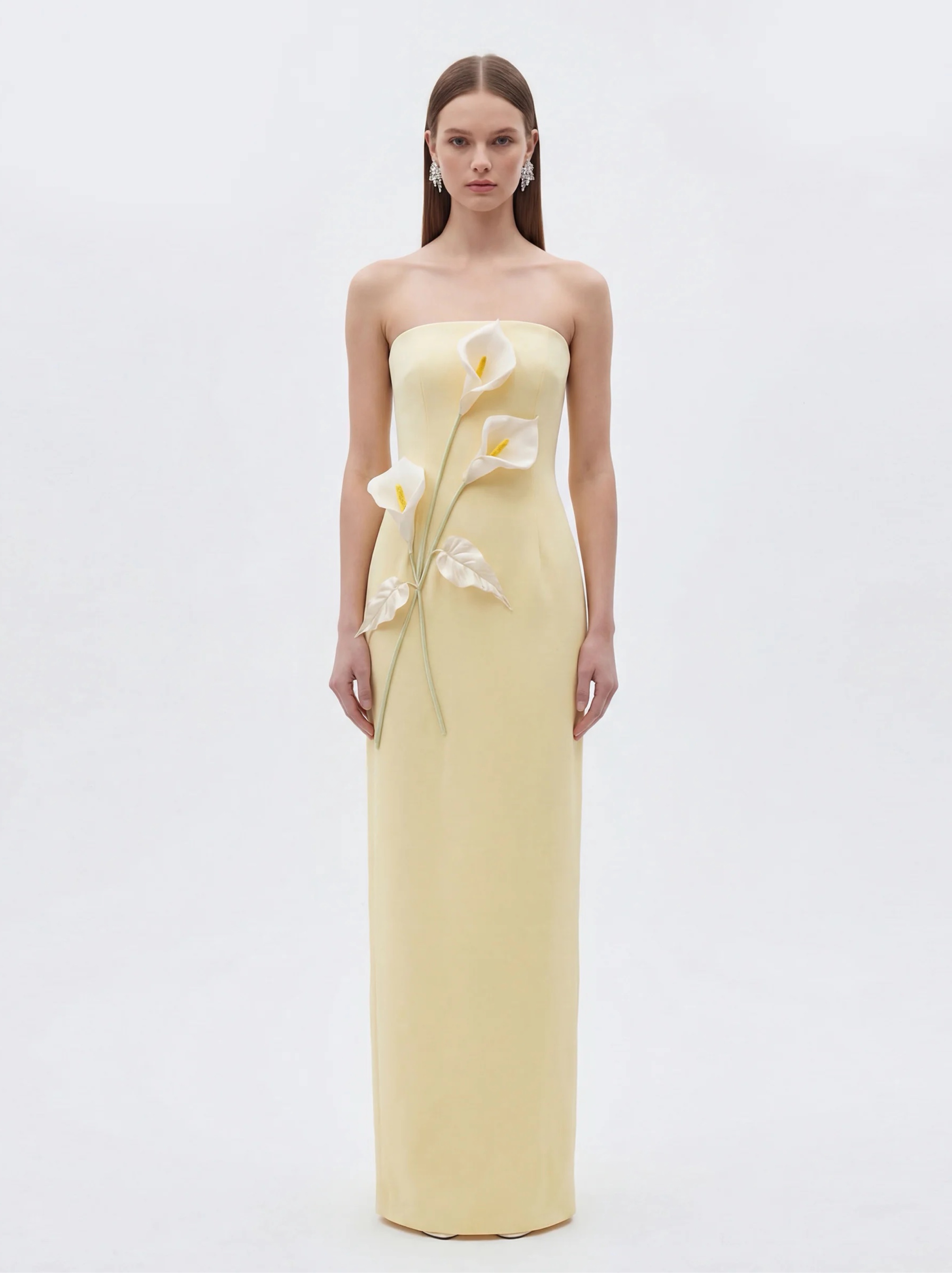 JW PEI Floral Appliqué Strapless Dress in Yellow