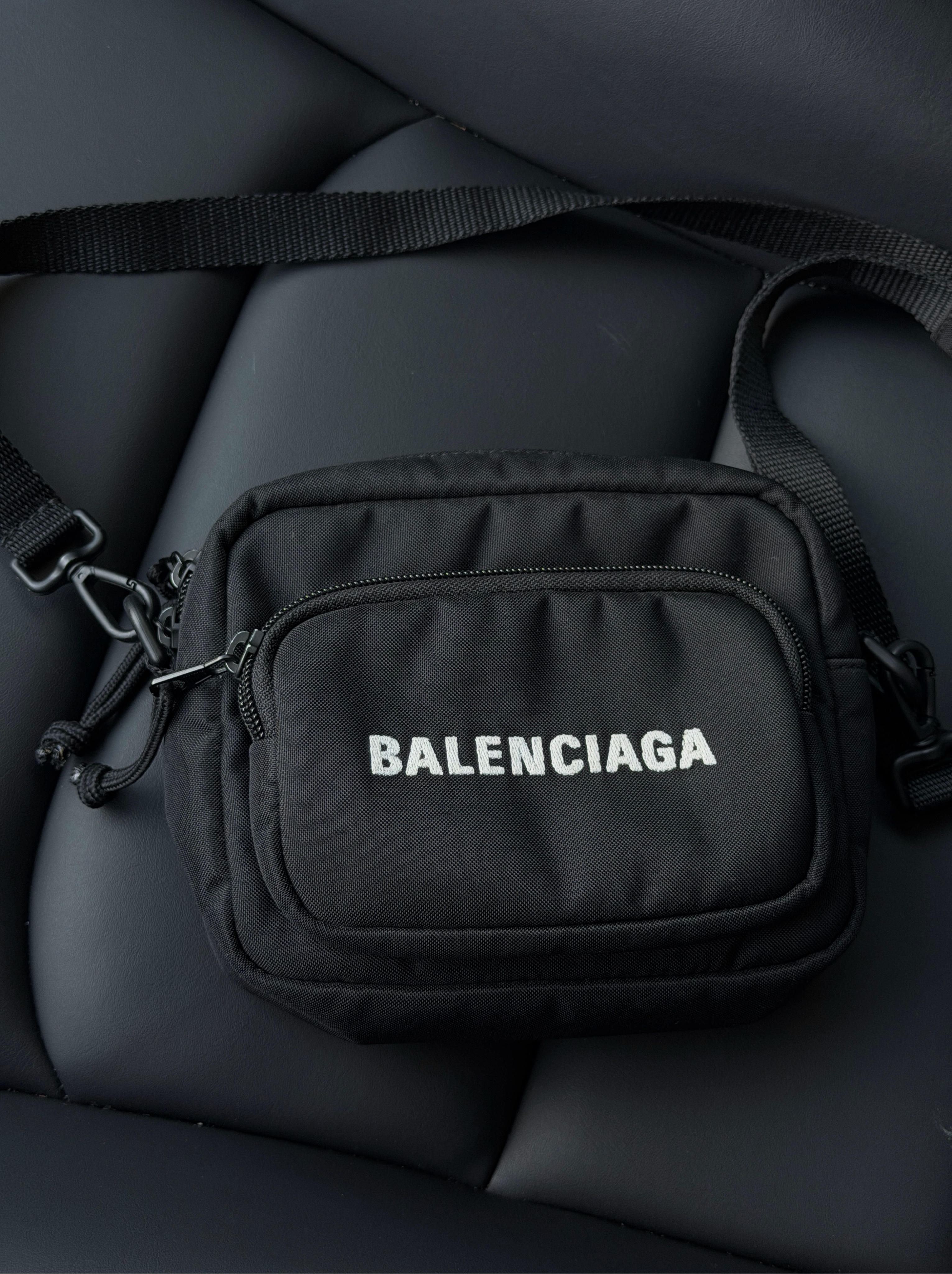 Balenciaga Wheel Logo Embroidered Camera Bag Nylon Black
