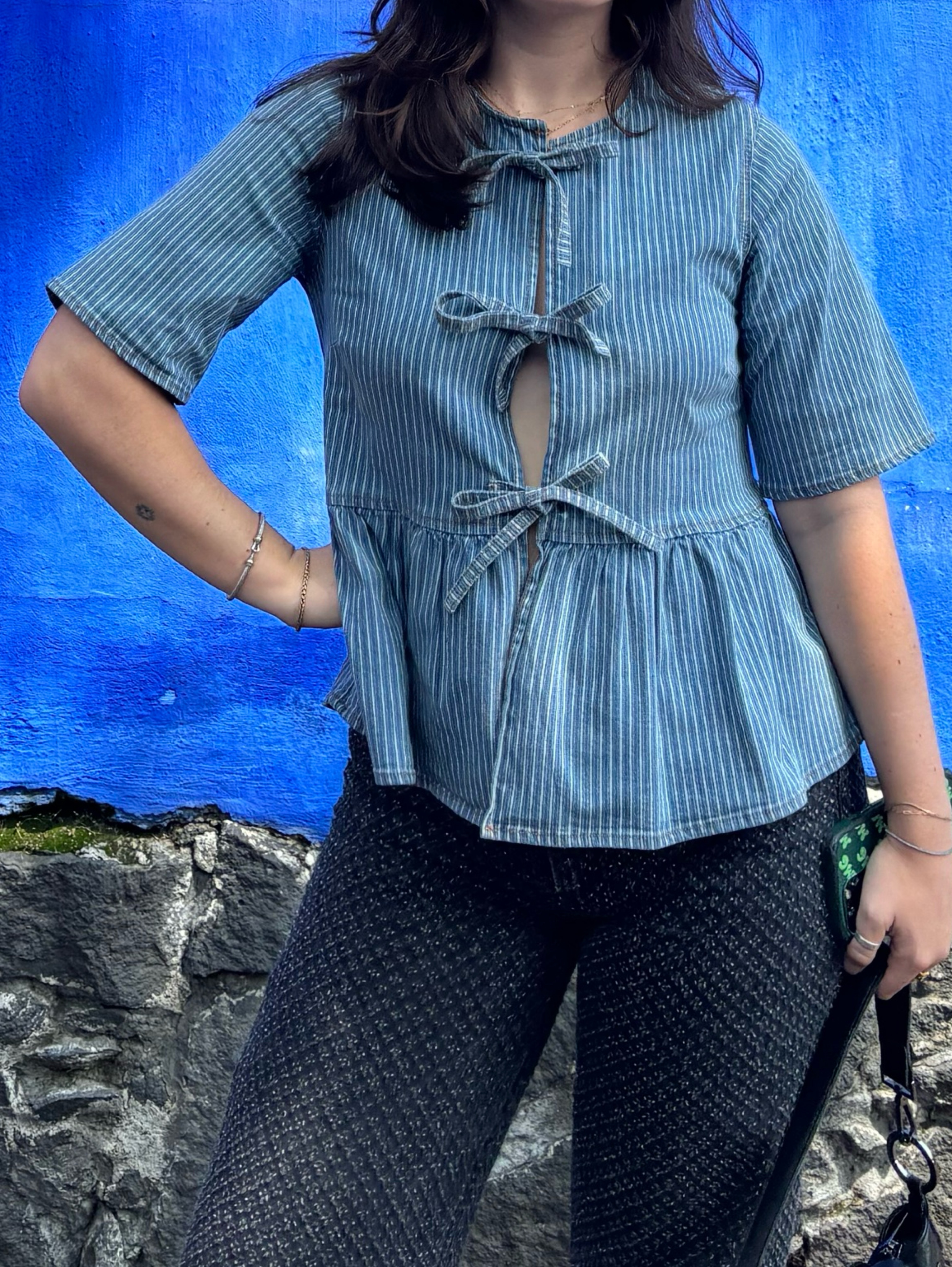 Ganni Denim Striped Tie Front Top