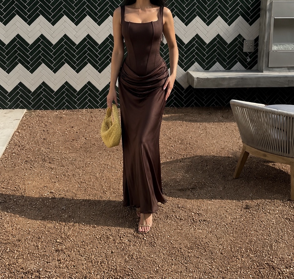 Brown Satin Corset Maxi Dress by None listed - Pickle Brown Satin Corset Maxi Dress by None listed - Pickle