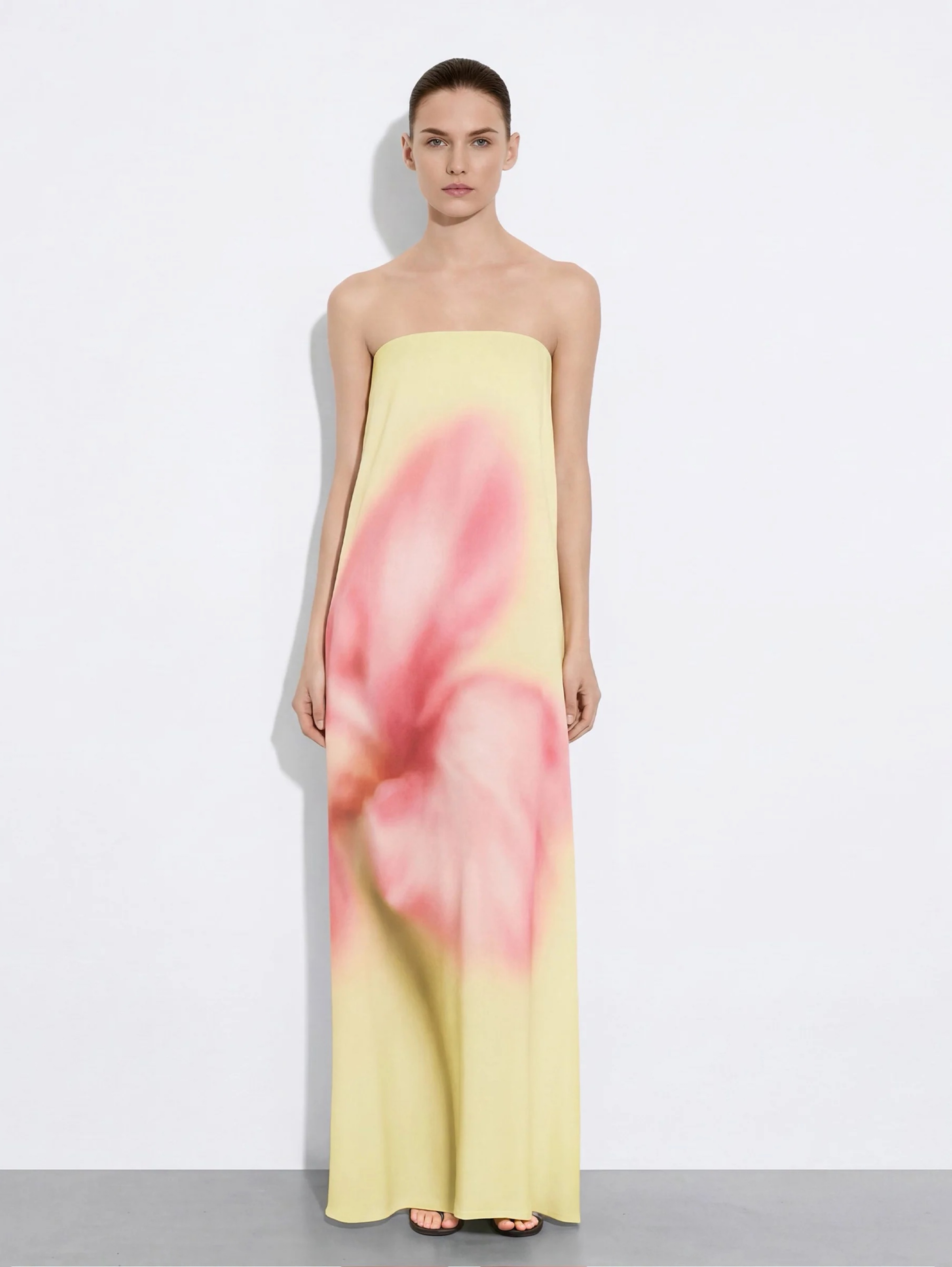 Pink Yellow Floral Print Strapless Maxi Dress