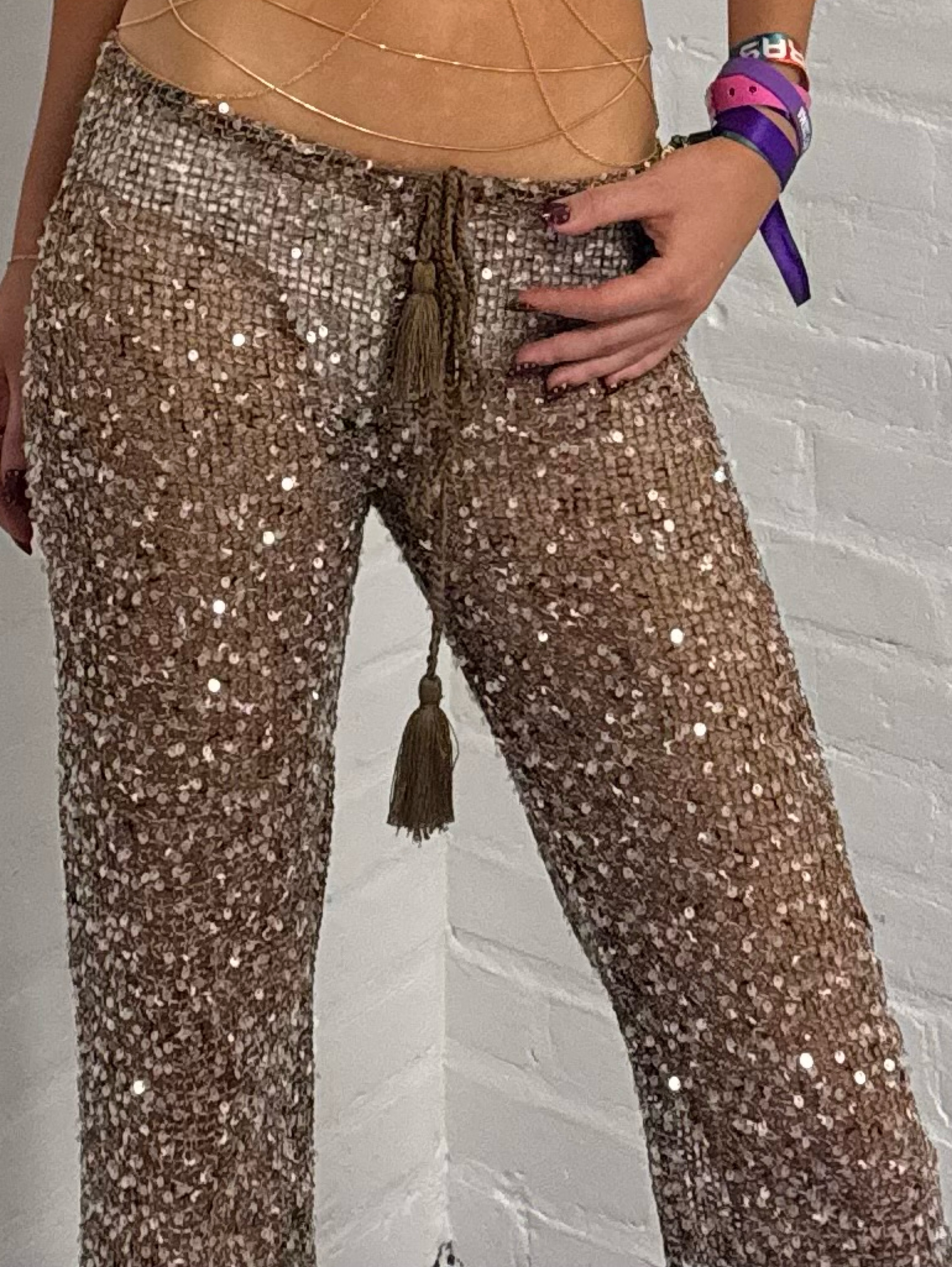 Jaded London Deva Sequin Knit Trousers in Sand