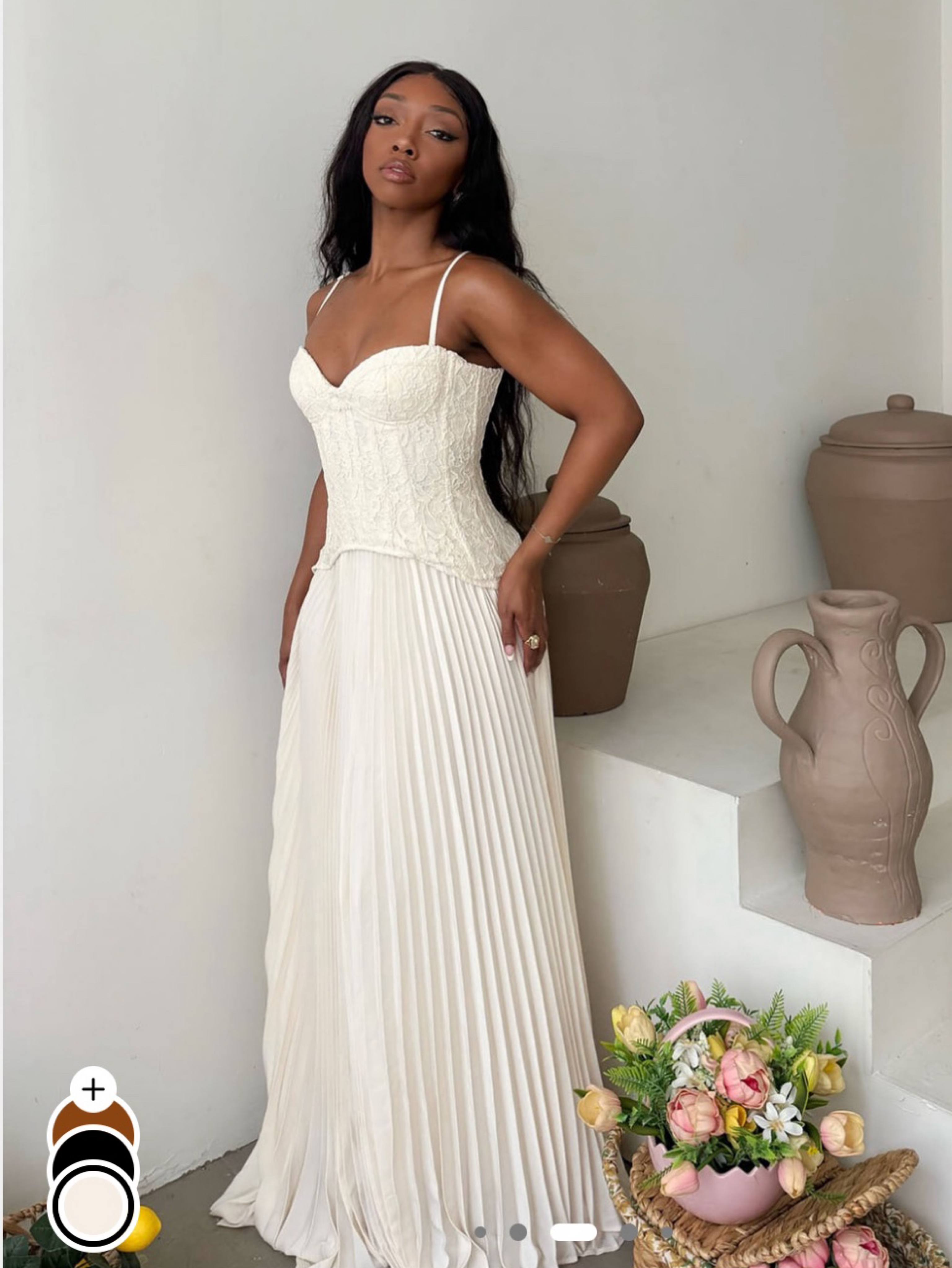 cream pleated maxi dress Daniella Lace Corset Pleated Maxi Dress