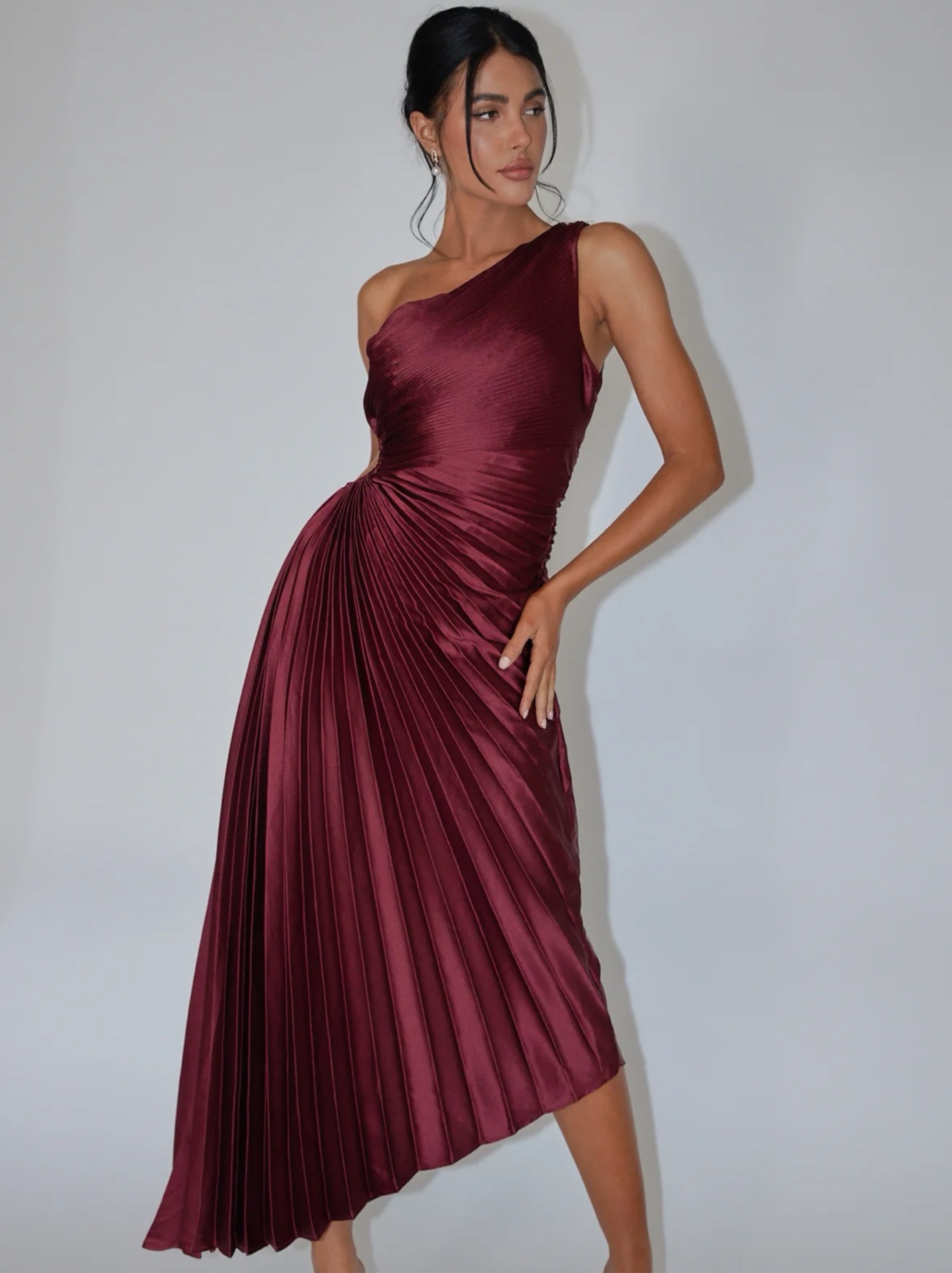 burgundy one shoulder midi dress Burgundy Asymmetric Velvet Midi Dress  shopaleena